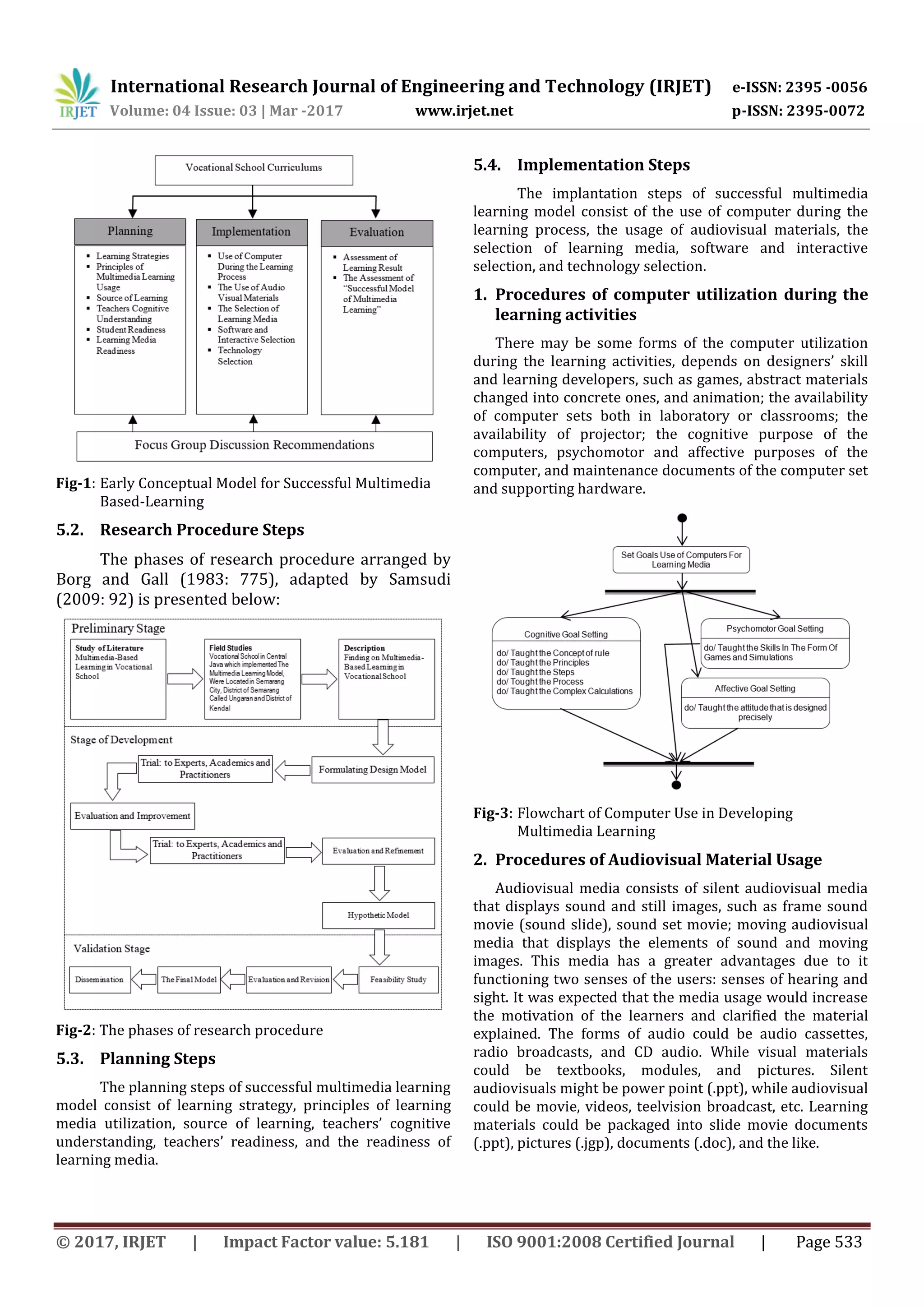 International Research Journal of Engineering and Technology (IRJET) e-ISSN: 2395 -0056
Volume: 04 Issue: 03 | Mar -2017 www.irjet.net p-ISSN: 2395-0072
© 2017, IRJET | Impact Factor value: 5.181 | ISO 9001:2008 Certified Journal | Page 533
Fig-1: Early Conceptual Model for Successful Multimedia
Based-Learning
5.2. Research Procedure Steps
The phases of research procedure arranged by
Borg and Gall (1983: 775), adapted by Samsudi
(2009: 92) is presented below:
Fig-2: The phases of research procedure
5.3. Planning Steps
The planning steps of successful multimedia learning
model consist of learning strategy, principles of learning
media utilization, source of learning, teachers’ cognitive
understanding, teachers’ readiness, and the readiness of
learning media.
5.4. Implementation Steps
The implantation steps of successful multimedia
learning model consist of the use of computer during the
learning process, the usage of audiovisual materials, the
selection of learning media, software and interactive
selection, and technology selection.
1. Procedures of computer utilization during the
learning activities
There may be some forms of the computer utilization
during the learning activities, depends on designers’ skill
and learning developers, such as games, abstract materials
changed into concrete ones, and animation; the availability
of computer sets both in laboratory or classrooms; the
availability of projector; the cognitive purpose of the
computers, psychomotor and affective purposes of the
computer, and maintenance documents of the computer set
and supporting hardware.
Fig-3: Flowchart of Computer Use in Developing
Multimedia Learning
2. Procedures of Audiovisual Material Usage
Audiovisual media consists of silent audiovisual media
that displays sound and still images, such as frame sound
movie (sound slide), sound set movie; moving audiovisual
media that displays the elements of sound and moving
images. This media has a greater advantages due to it
functioning two senses of the users: senses of hearing and
sight. It was expected that the media usage would increase
the motivation of the learners and clarified the material
explained. The forms of audio could be audio cassettes,
radio broadcasts, and CD audio. While visual materials
could be textbooks, modules, and pictures. Silent
audiovisuals might be power point (.ppt), while audiovisual
could be movie, videos, teelvision broadcast, etc. Learning
materials could be packaged into slide movie documents
(.ppt), pictures (.jgp), documents (.doc), and the like.
 