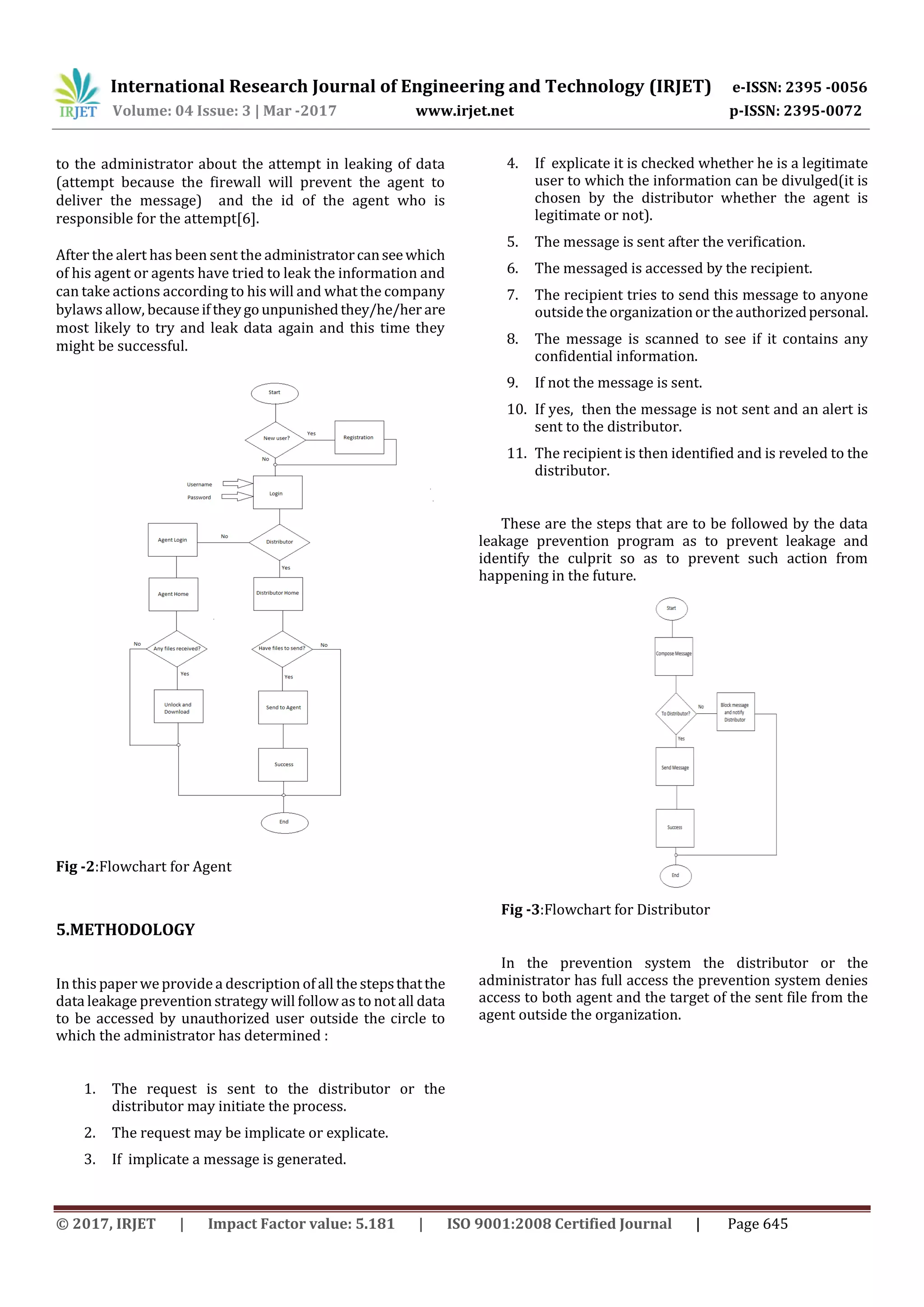 International Research Journal of Engineering and Technology (IRJET) e-ISSN: 2395 -0056
Volume: 04 Issue: 3 | Mar -2017 www.irjet.net p-ISSN: 2395-0072
© 2017, IRJET | Impact Factor value: 5.181 | ISO 9001:2008 Certified Journal | Page 645
to the administrator about the attempt in leaking of data
(attempt because the firewall will prevent the agent to
deliver the message) and the id of the agent who is
responsible for the attempt[6].
After the alert has been sent the administratorcanseewhich
of his agent or agents have tried to leak the information and
can take actions according to his will and what the company
bylaws allow, becauseiftheygounpunishedthey/he/her are
most likely to try and leak data again and this time they
might be successful.
Fig -2:Flowchart for Agent
5.METHODOLOGY
In this paper weprovide a description of all the stepsthatthe
data leakage prevention strategy will follow as to not all data
to be accessed by unauthorized user outside the circle to
which the administrator has determined :
1. The request is sent to the distributor or the
distributor may initiate the process.
2. The request may be implicate or explicate.
3. If implicate a message is generated.
4. If explicate it is checked whether he is a legitimate
user to which the information can be divulged(it is
chosen by the distributor whether the agent is
legitimate or not).
5. The message is sent after the verification.
6. The messaged is accessed by the recipient.
7. The recipient tries to send this message to anyone
outsidethe organization or the authorizedpersonal.
8. The message is scanned to see if it contains any
confidential information.
9. If not the message is sent.
10. If yes, then the message is not sent and an alert is
sent to the distributor.
11. The recipient is then identified and is reveled to the
distributor.
These are the steps that are to be followed by the data
leakage prevention program as to prevent leakage and
identify the culprit so as to prevent such action from
happening in the future.
Fig -3:Flowchart for Distributor
In the prevention system the distributor or the
administrator has full access the prevention system denies
access to both agent and the target of the sent file from the
agent outside the organization.
 