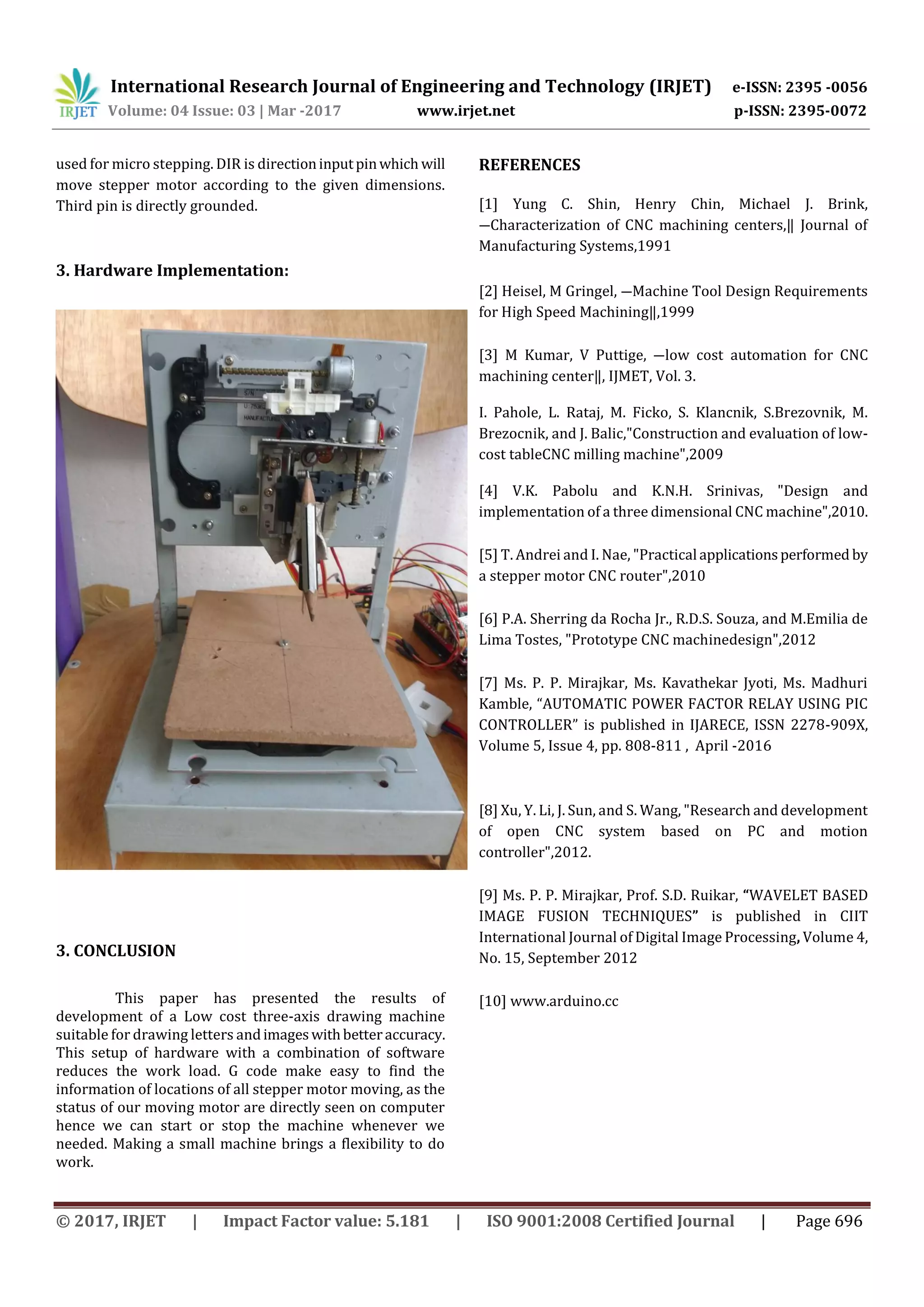 International Research Journal of Engineering and Technology (IRJET) e-ISSN: 2395 -0056
Volume: 04 Issue: 03 | Mar -2017 www.irjet.net p-ISSN: 2395-0072
© 2017, IRJET | Impact Factor value: 5.181 | ISO 9001:2008 Certified Journal | Page 696
used for micro stepping. DIR is directioninputpinwhich will
move stepper motor according to the given dimensions.
Third pin is directly grounded.
3. Hardware Implementation:
3. CONCLUSION
This paper has presented the results of
development of a Low cost three-axis drawing machine
suitable for drawing letters andimageswithbetteraccuracy.
This setup of hardware with a combination of software
reduces the work load. G code make easy to find the
information of locations of all stepper motor moving, as the
status of our moving motor are directly seen on computer
hence we can start or stop the machine whenever we
needed. Making a small machine brings a flexibility to do
work.
REFERENCES
[1] Yung C. Shin, Henry Chin, Michael J. Brink,
―Characterization of CNC machining centers,‖ Journal of
Manufacturing Systems,1991
[2] Heisel, M Gringel, ―Machine Tool Design Requirements
for High Speed Machining‖,1999
[3] M Kumar, V Puttige, ―low cost automation for CNC
machining center‖, IJMET, Vol. 3.
I. Pahole, L. Rataj, M. Ficko, S. Klancnik, S.Brezovnik, M.
Brezocnik, and J. Balic,"Construction and evaluation of low-
cost tableCNC milling machine",2009
[4] V.K. Pabolu and K.N.H. Srinivas, "Design and
implementation of a three dimensional CNC machine",2010.
[5] T. Andrei and I. Nae, "Practical applicationsperformed by
a stepper motor CNC router",2010
[6] P.A. Sherring da Rocha Jr., R.D.S. Souza, and M.Emilia de
Lima Tostes, "Prototype CNC machinedesign",2012
[7] Ms. P. P. Mirajkar, Ms. Kavathekar Jyoti, Ms. Madhuri
Kamble, “AUTOMATIC POWER FACTOR RELAY USING PIC
CONTROLLER” is published in IJARECE, ISSN 2278-909X,
Volume 5, Issue 4, pp. 808-811 , April -2016
[8] Xu, Y. Li, J. Sun, and S. Wang, "Research and development
of open CNC system based on PC and motion
controller",2012.
[9] Ms. P. P. Mirajkar, Prof. S.D. Ruikar, “WAVELET BASED
IMAGE FUSION TECHNIQUES” is published in CIIT
International Journal of Digital Image Processing, Volume 4,
No. 15, September 2012
[10] www.arduino.cc
 