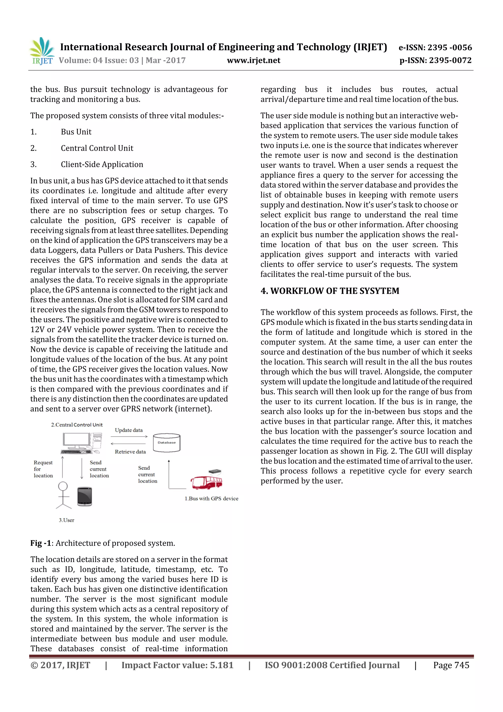 International Research Journal of Engineering and Technology (IRJET) e-ISSN: 2395 -0056
Volume: 04 Issue: 03 | Mar -2017 www.irjet.net p-ISSN: 2395-0072
© 2017, IRJET | Impact Factor value: 5.181 | ISO 9001:2008 Certified Journal | Page 745
the bus. Bus pursuit technology is advantageous for
tracking and monitoring a bus.
The proposed system consists of three vital modules:-
1. Bus Unit
2. Central Control Unit
3. Client-Side Application
In bus unit, a bus has GPS device attached to itthatsends
its coordinates i.e. longitude and altitude after every
fixed interval of time to the main server. To use GPS
there are no subscription fees or setup charges. To
calculate the position, GPS receiver is capable of
receiving signals fromatleastthreesatellites.Depending
on the kind of application the GPS transceivers may be a
data Loggers, data Pullers or Data Pushers. This device
receives the GPS information and sends the data at
regular intervals to the server. On receiving, the server
analyses the data. To receive signals in the appropriate
place, the GPS antenna is connected to the right jack and
fixes the antennas. One slot is allocated for SIM card and
it receives the signals from theGSMtowersto respondto
the users. The positive and negative wire isconnectedto
12V or 24V vehicle power system. Then to receive the
signals from the satellite the tracker device is turned on.
Now the device is capable of receiving the latitude and
longitude values of the location of the bus. At any point
of time, the GPS receiver gives the location values. Now
the bus unit has the coordinates with a timestamp which
is then compared with the previous coordinates and if
there is any distinction then thecoordinatesareupdated
and sent to a server over GPRS network (internet).
Fig -1: Architecture of proposed system.
The location details are stored on a server in the format
such as ID, longitude, latitude, timestamp, etc. To
identify every bus among the varied buses here ID is
taken. Each bus has given one distinctive identification
number. The server is the most significant module
during this system which acts as a central repository of
the system. In this system, the whole information is
stored and maintained by the server. The server is the
intermediate between bus module and user module.
These databases consist of real-time information
regarding bus it includes bus routes, actual
arrival/departure time and real time location of thebus.
The user side module is nothing but an interactive web-
based application that services the various function of
the system to remote users. The user side module takes
two inputs i.e. one is the source that indicates wherever
the remote user is now and second is the destination
user wants to travel. When a user sends a request the
appliance fires a query to the server for accessing the
data stored within the server database and provides the
list of obtainable buses in keeping with remote users
supply and destination. Now it’s user’s task to choose or
select explicit bus range to understand the real time
location of the bus or other information. After choosing
an explicit bus number the application shows the real-
time location of that bus on the user screen. This
application gives support and interacts with varied
clients to offer service to user’s requests. The system
facilitates the real-time pursuit of the bus.
4. WORKFLOW OF THE SYSYTEM
The workflow of this system proceeds as follows. First, the
GPS module which is fixated in the bus starts sendingdata in
the form of latitude and longitude which is stored in the
computer system. At the same time, a user can enter the
source and destination of the bus number of which it seeks
the location. This search will result in the all the bus routes
through which the bus will travel. Alongside, the computer
system will update the longitude and latitudeofthe required
bus. This search will then look up for the range of bus from
the user to its current location. If the bus is in range, the
search also looks up for the in-between bus stops and the
active buses in that particular range. After this, it matches
the bus location with the passenger’s source location and
calculates the time required for the active bus to reach the
passenger location as shown in Fig. 2. The GUI will display
the bus location and the estimated time of arrival totheuser.
This process follows a repetitive cycle for every search
performed by the user.
 