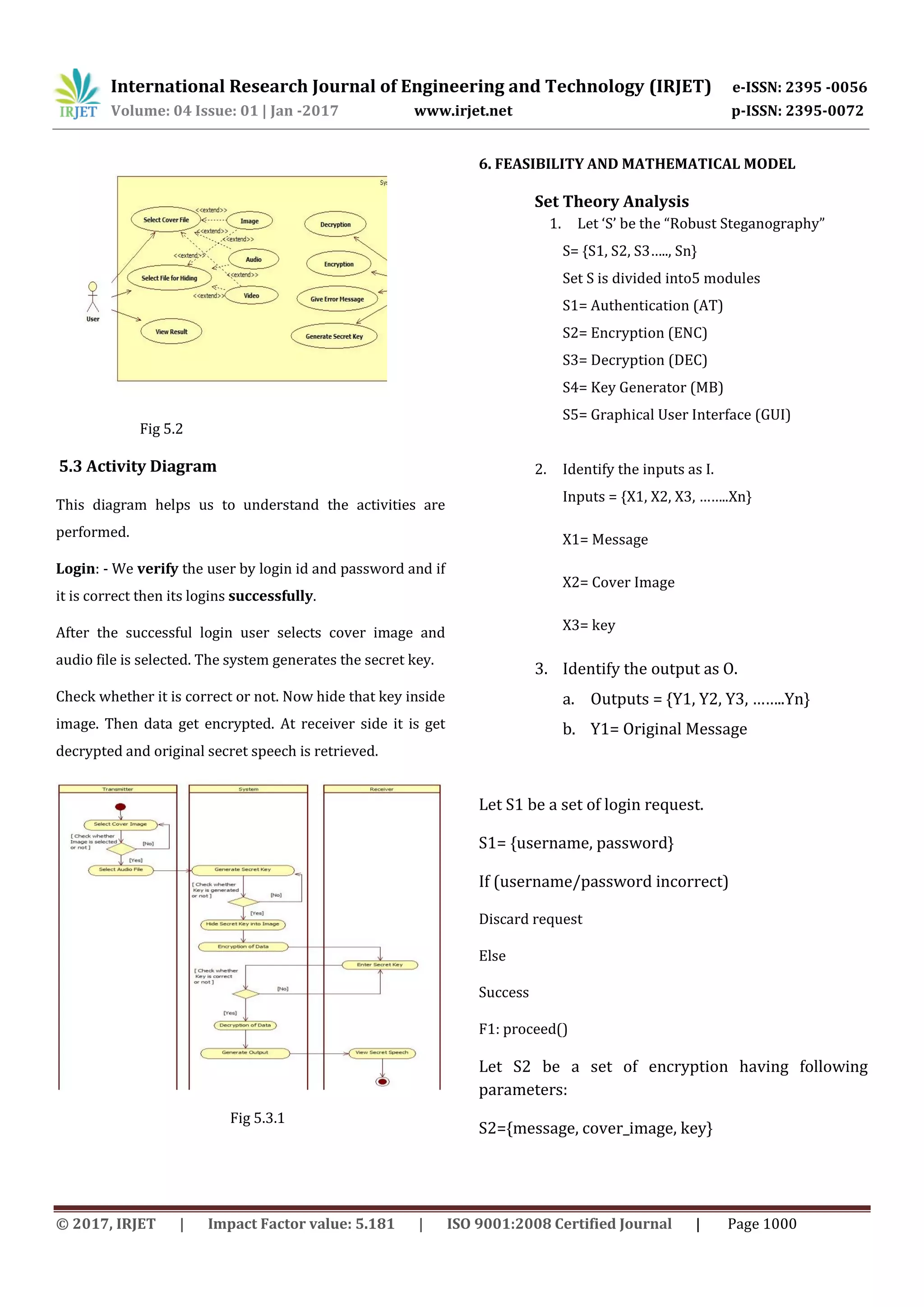International Research Journal of Engineering and Technology (IRJET) e-ISSN: 2395 -0056
Volume: 04 Issue: 01 | Jan -2017 www.irjet.net p-ISSN: 2395-0072
© 2017, IRJET | Impact Factor value: 5.181 | ISO 9001:2008 Certified Journal | Page 1000
Fig 5.2
5.3 Activity Diagram
This diagram helps us to understand the activities are
performed.
Login: - We verify the user by login id and password and if
it is correct then its logins successfully.
After the successful login user selects cover image and
audio file is selected. The system generates the secret key.
Check whether it is correct or not. Now hide that key inside
image. Then data get encrypted. At receiver side it is get
decrypted and original secret speech is retrieved.
Fig 5.3.1
6. FEASIBILITY AND MATHEMATICAL MODEL
Set Theory Analysis
1. Let ‘S’ be the “Robust Steganography”
S= {S1, S2, S3….., Sn}
Set S is divided into5 modules
S1= Authentication (AT)
S2= Encryption (ENC)
S3= Decryption (DEC)
S4= Key Generator (MB)
S5= Graphical User Interface (GUI)
2. Identify the inputs as I.
Inputs = {X1, X2, X3, ……..Xn}
X1= Message
X2= Cover Image
X3= key
3. Identify the output as O.
a. Outputs = {Y1, Y2, Y3, ……..Yn}
b. Y1= Original Message
Let S1 be a set of login request.
S1= {username, password}
If (username/password incorrect)
Discard request
Else
Success
F1: proceed()
Let S2 be a set of encryption having following
parameters:
S2={message, cover_image, key}
 