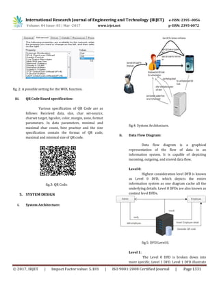 International Research Journal of Engineering and Technology (IRJET) e-ISSN: 2395 -0056
Volume: 04 Issue: 03 | Mar -2017 www.irjet.net p-ISSN: 2395-0072
© 2017, IRJET | Impact Factor value: 5.181 | ISO 9001:2008 Certified Journal | Page 1331
fig. 2: A possible setting for the WOL function.
iii. QR Code Based specification:
Various specification of QR Code are as
follows: Received data, size, char set-source,
charset target, bgcolor, color, margin, zone, format
parameters. In data parameters, minimal and
maximal char count, best practice and the size
specification contain the format of QR code,
maximal and minimal size of QR code.
fig.3: QR Code.
5. SYSTEM DESIGN
i. System Architecture:
fig.4: System Architecture.
ii. Data Flow Diagram:
Data flow diagram is a graphical
representation of the flow of data in an
information system. It is capable of depicting
incoming, outgoing, and stored data flow.
Level 0:
Highest consideration level DFD is known
as Level 0 DFD, which depicts the entire
information system as one diagram cache all the
underlying details. Level 0 DFDs are also known as
context level DFDs.
fig.5: DFD Level 0.
Level 1:
The Level 0 DFD is broken down into
more specific, Level 1 DFD. Level 1 DFD illustrate
 