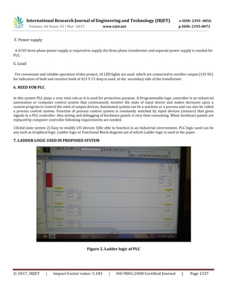 International Research Journal of Engineering and Technology (IRJET) e-ISSN: 2395 -0056
Volume: 04 Issue: 03 | Mar -2017 www.irjet.net p-ISSN: 2395-0072
© 2017, IRJET | Impact Factor value: 5.181 | ISO 9001:2008 Certified Journal | Page 1337
F. Power supply
A 415V three phase power supply is required to supply the three phase transformer and separate power supply is needed for
PLC.
G. Load
For convenient and reliable operation of this project, 10 LED lights are used which are connected to rectifier output (12V DC)
for indication of fault and resistive bank of 415 V 15 Amp is used at the secondary side of the transformer.
6. NEED FOR PLC
In this system PLC plays a very vital role as it is used for protection purpose. A Programmable logic controller is an industrial
automation or computer control system that continuously monitor the state of input device and makes decisions upon a
custom program to control the state of output devices. Automated system can be a machine or a process and can also be called
a process control system. Function of process control system is constantly watched by input devices (sensors) that gives
signals to a PLC controller. Also wiring and debugging of hardware panels is very time consuming. When hardware panels are
replaced by computer controller following requirements are needed.
1)Solid state system 2) Easy to modify I/O devices 3)Be able to function in an Industrial environment. PLC logic used can be
any such as Graphical logic, Ladder logic or Functional Block diagram out of which Ladder logic is used in the paper.
7. LADDER LOGIC USED IN PROPOSED SYSTEM
Figure 2. Ladder logic of PLC
 