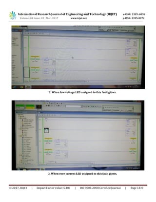International Research Journal of Engineering and Technology (IRJET) e-ISSN: 2395 -0056
Volume: 04 Issue: 03 | Mar -2017 www.irjet.net p-ISSN: 2395-0072
© 2017, IRJET | Impact Factor value: 5.181 | ISO 9001:2008 Certified Journal | Page 1339
2. When low voltage LED assigned to this fault glows.
3. When over current LED assigned to this fault glows.
 