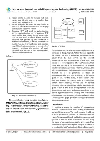 International Research Journal of Engineering and Technology (IRJET) e-ISSN: 2395 -0056
Volume: 04 Issue: 03 | Mar -2017 www.irjet.net p-ISSN: 2395-0072
© 2017, IRJET | Impact Factor value: 5.181 | ISO 9001:2008 Certified Journal | Page 1765
a. Packet sniffer module: To capture each mail
packet and identify source ip, packet data,
packet size, packet length.
b. Packet analyzer: Received packets should be
parsedtoextractaboveinformationanddisplay
continuously on server screen.
c. Generate OTP and send to Authentication
server: Authentication server encrypts OTP
using public key stored during registration
process and send to client. Client machine
decrypts with private key and send back to
Authentication server, if verified send TRUE to
mail server and it forwards mail and maintain
log, if false log is maintained to keep track of
intruder. Monitors the number of mails
received from each ip to find inflow packets
from each client machine.
Admin
Fig. 3.2. Functionality of AAA
Process start or stop service, configures
SMTP settingstosendmail,maintainsa view
log (content log) sent by intruder, statistics
report of each user as number of spam mails
sent as shown in Fig.3.2.
Fig. 3.3 Working
The overview and the workingofthecompletemodelis
discussed in this paragraph. When the user logs in to
the system, the mail is redirected to authentication
server from the mail server for the account
authentication and authorization of the user. The
process is to request packets- Mac id, IP address, User
name, Date and time. If the fields are valid, the account
is authenticated and approved otherwise,rejected.The
roles of logged in user- Is he eligible to send the mail? is
checked. An OTP is generated to check for
authorization. The next step is to detect if the mail is
spam or not. For the same, in mail server SPRT
algorithm is run. The system mails are applied to
content based filtering process and pre-defined
threshold valuesareconsideredtojudgeifthemailsare
spam or not. If the mails are spam then they are
blockedin the mail serverwithouttheknowledgeofthe
sender. A graph is recorded secretly with coordinates
as ip address vs the frequency of spam mail generation.
According to the graph generated the organization can
take necessary action.
Conclusion
By plotting a graph the number of observations
required can be minimized hence makingitan effective
and an efficient system. The graph contains IP address
on x-axis and number of times the spam mails sent on
y-axis. The system will work well in the environmentof
dynamic IP address. Spam mails which are sent using
the name of an organization can be prevented. If an
insider of an organizationis generatingthe mailswhich
he is not authorized/authenticated to send repeatedly,
 