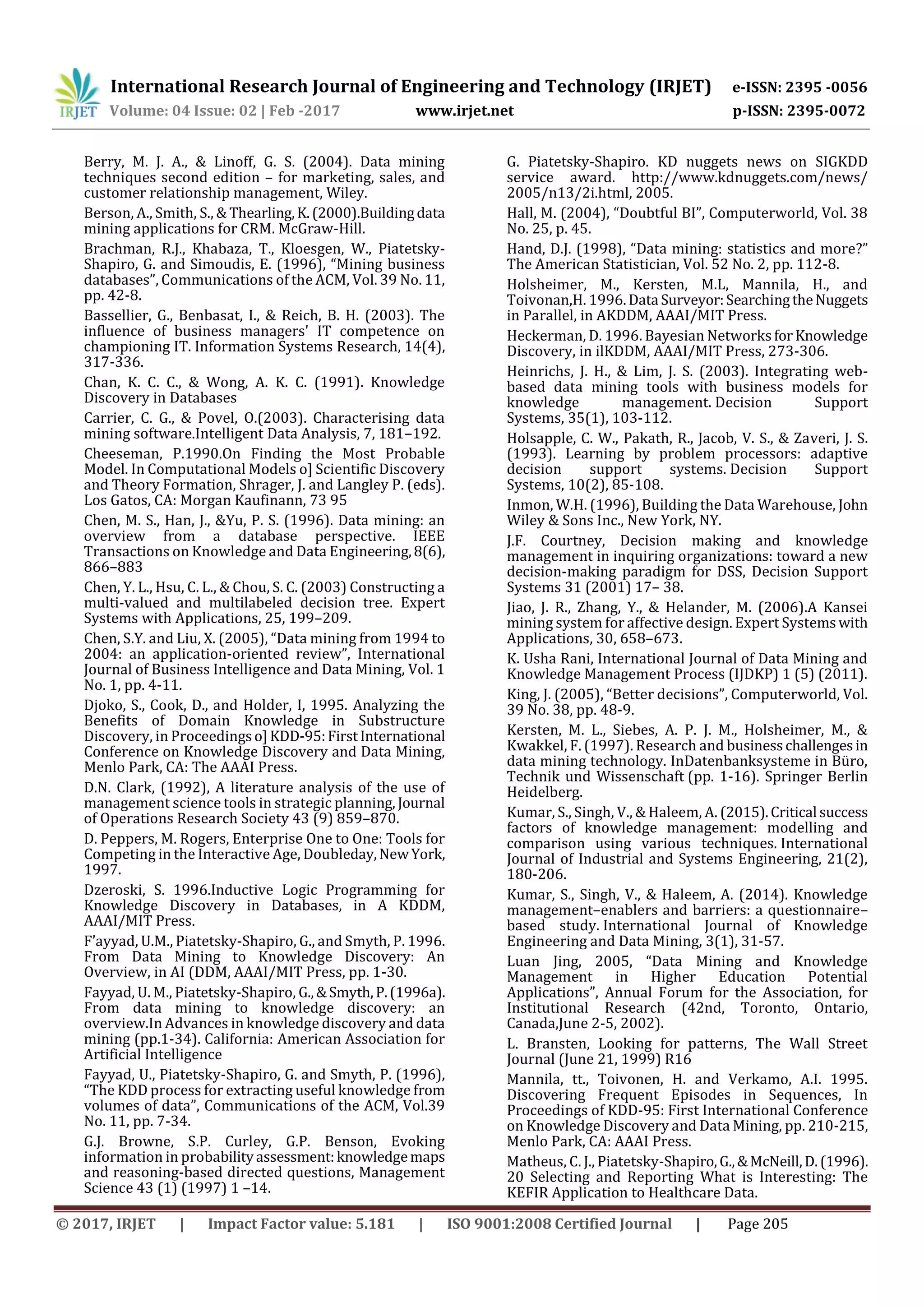 International Research Journal of Engineering and Technology (IRJET) e-ISSN: 2395 -0056
Volume: 04 Issue: 02 | Feb -2017 www.irjet.net p-ISSN: 2395-0072
© 2017, IRJET | Impact Factor value: 5.181 | ISO 9001:2008 Certified Journal | Page 205
Berry, M. J. A., & Linoff, G. S. (2004). Data mining
techniques second edition – for marketing, sales, and
customer relationship management, Wiley.
Berson, A., Smith, S., & Thearling,K.(2000).Buildingdata
mining applications for CRM. McGraw-Hill.
Brachman, R.J., Khabaza, T., Kloesgen, W., Piatetsky-
Shapiro, G. and Simoudis, E. (1996), “Mining business
databases”, Communications of the ACM, Vol. 39 No. 11,
pp. 42-8.
Bassellier, G., Benbasat, I., & Reich, B. H. (2003). The
influence of business managers' IT competence on
championing IT. Information Systems Research, 14(4),
317-336.
Chan, K. C. C., & Wong, A. K. C. (1991). Knowledge
Discovery in Databases
Carrier, C. G., & Povel, O.(2003). Characterising data
mining software.Intelligent Data Analysis, 7, 181–192.
Cheeseman, P.1990.On Finding the Most Probable
Model. In Computational Models o] Scientific Discovery
and Theory Formation, Shrager, J. and Langley P. (eds).
Los Gatos, CA: Morgan Kaufinann, 73 95
Chen, M. S., Han, J., &Yu, P. S. (1996). Data mining: an
overview from a database perspective. IEEE
Transactions on Knowledge and Data Engineering,8(6),
866–883
Chen, Y. L., Hsu, C. L., & Chou, S. C. (2003) Constructing a
multi-valued and multilabeled decision tree. Expert
Systems with Applications, 25, 199–209.
Chen, S.Y. and Liu, X. (2005), “Data mining from 1994 to
2004: an application-oriented review”, International
Journal of Business Intelligence and Data Mining, Vol. 1
No. 1, pp. 4-11.
Djoko, S., Cook, D., and Holder, I, 1995. Analyzing the
Benefits of Domain Knowledge in Substructure
Discovery, in Proceedingso]KDD-95:FirstInternational
Conference on Knowledge Discovery and Data Mining,
Menlo Park, CA: The AAAI Press.
D.N. Clark, (1992), A literature analysis of the use of
management science tools in strategic planning, Journal
of Operations Research Society 43 (9) 859–870.
D. Peppers, M. Rogers, Enterprise One to One: Tools for
Competing in the Interactive Age, Doubleday,NewYork,
1997.
Dzeroski, S. 1996.Inductive Logic Programming for
Knowledge Discovery in Databases, in A KDDM,
AAAI/MIT Press.
F’ayyad, U.M., Piatetsky-Shapiro, G., and Smyth, P. 1996.
From Data Mining to Knowledge Discovery: An
Overview, in AI (DDM, AAAI/MIT Press, pp. 1-30.
Fayyad, U. M., Piatetsky-Shapiro, G.,&Smyth,P.(1996a).
From data mining to knowledge discovery: an
overview.In Advances in knowledge discovery and data
mining (pp.1-34). California: American Association for
Artificial Intelligence
Fayyad, U., Piatetsky-Shapiro, G. and Smyth, P. (1996),
“The KDD process for extracting useful knowledge from
volumes of data”, Communications of the ACM, Vol.39
No. 11, pp. 7-34.
G.J. Browne, S.P. Curley, G.P. Benson, Evoking
information in probabilityassessment:knowledgemaps
and reasoning-based directed questions, Management
Science 43 (1) (1997) 1 –14.
G. Piatetsky-Shapiro. KD nuggets news on SIGKDD
service award. http://www.kdnuggets.com/news/
2005/n13/2i.html, 2005.
Hall, M. (2004), “Doubtful BI”, Computerworld, Vol. 38
No. 25, p. 45.
Hand, D.J. (1998), “Data mining: statistics and more?”
The American Statistician, Vol. 52 No. 2, pp. 112-8.
Holsheimer, M., Kersten, M.L, Mannila, H., and
Toivonan,H. 1996.Data Surveyor:SearchingtheNuggets
in Parallel, in AKDDM, AAAI/MIT Press.
Heckerman, D. 1996. Bayesian Networksfor Knowledge
Discovery, in ilKDDM, AAAI/MIT Press, 273-306.
Heinrichs, J. H., & Lim, J. S. (2003). Integrating web-
based data mining tools with business models for
knowledge management. Decision Support
Systems, 35(1), 103-112.
Holsapple, C. W., Pakath, R., Jacob, V. S., & Zaveri, J. S.
(1993). Learning by problem processors: adaptive
decision support systems. Decision Support
Systems, 10(2), 85-108.
Inmon, W.H. (1996), Building the Data Warehouse, John
Wiley & Sons Inc., New York, NY.
J.F. Courtney, Decision making and knowledge
management in inquiring organizations: toward a new
decision-making paradigm for DSS, Decision Support
Systems 31 (2001) 17– 38.
Jiao, J. R., Zhang, Y., & Helander, M. (2006).A Kansei
mining system for affective design. Expert Systemswith
Applications, 30, 658–673.
K. Usha Rani, International Journal of Data Mining and
Knowledge Management Process (IJDKP) 1 (5) (2011).
King, J. (2005), “Better decisions”, Computerworld, Vol.
39 No. 38, pp. 48-9.
Kersten, M. L., Siebes, A. P. J. M., Holsheimer, M., &
Kwakkel, F. (1997). Research and businesschallengesin
data mining technology. InDatenbanksysteme in Büro,
Technik und Wissenschaft (pp. 1-16). Springer Berlin
Heidelberg.
Kumar, S., Singh, V., & Haleem, A. (2015).Critical success
factors of knowledge management: modelling and
comparison using various techniques. International
Journal of Industrial and Systems Engineering, 21(2),
180-206.
Kumar, S., Singh, V., & Haleem, A. (2014). Knowledge
management–enablers and barriers: a questionnaire–
based study. International Journal of Knowledge
Engineering and Data Mining, 3(1), 31-57.
Luan Jing, 2005, “Data Mining and Knowledge
Management in Higher Education Potential
Applications”, Annual Forum for the Association, for
Institutional Research (42nd, Toronto, Ontario,
Canada,June 2-5, 2002).
L. Bransten, Looking for patterns, The Wall Street
Journal (June 21, 1999) R16
Mannila, tt., Toivonen, H. and Verkamo, A.I. 1995.
Discovering Frequent Episodes in Sequences, In
Proceedings of KDD-95: First International Conference
on Knowledge Discovery and Data Mining, pp. 210-215,
Menlo Park, CA: AAAI Press.
Matheus, C. J., Piatetsky-Shapiro,G.,&McNeill,D.(1996).
20 Selecting and Reporting What is Interesting: The
KEFIR Application to Healthcare Data.
 