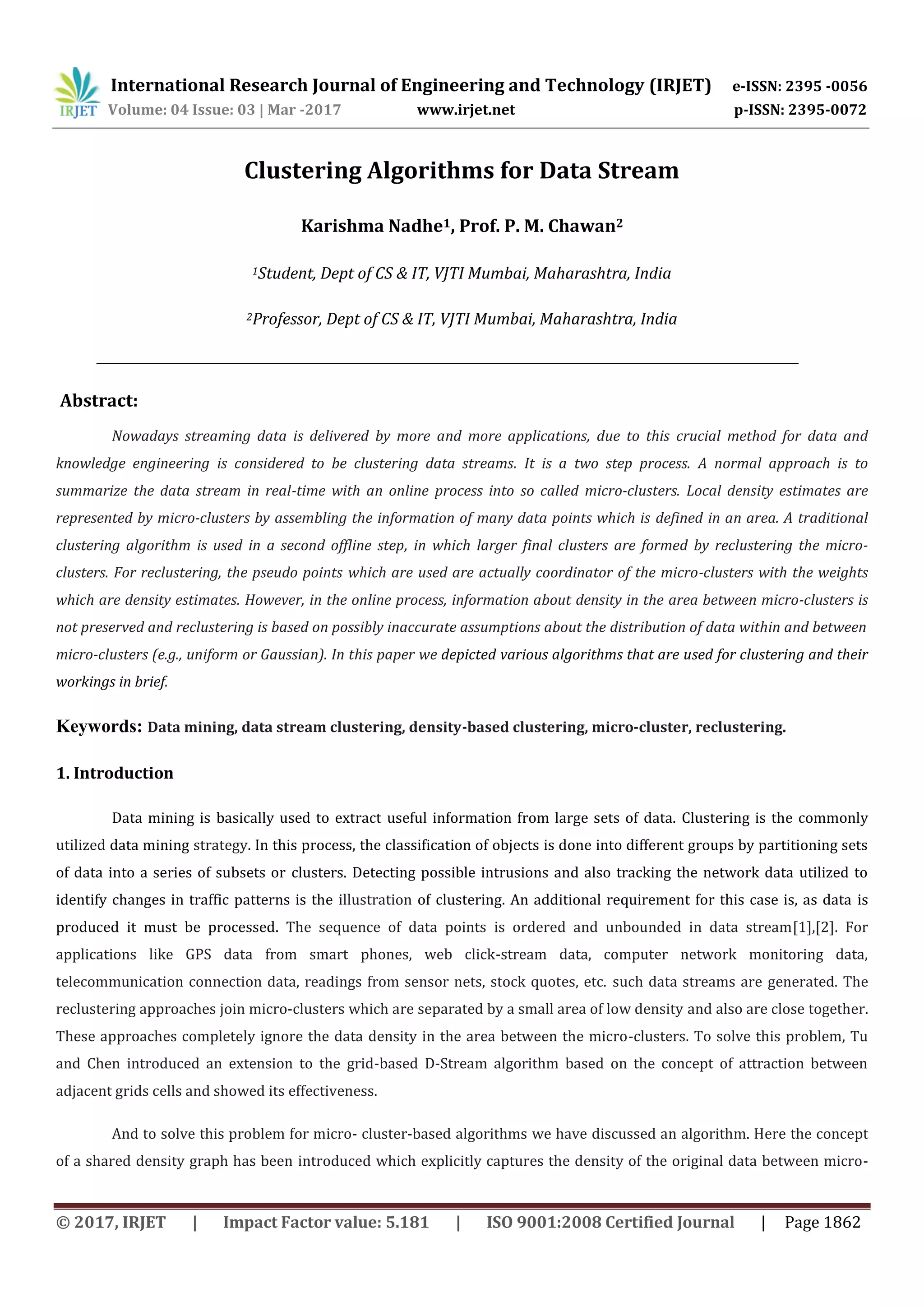 Clustering Algorithms for Data Stream | PDF