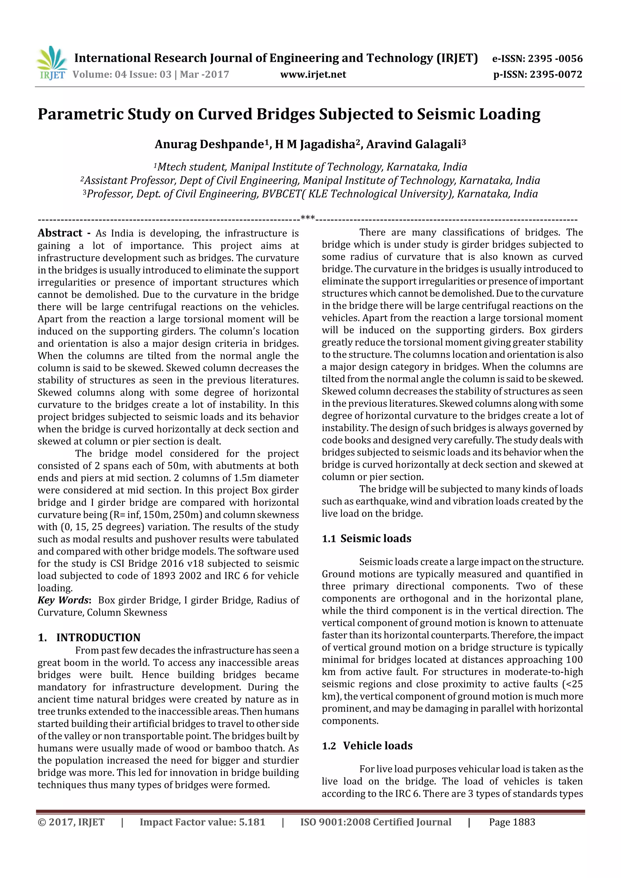 Parametric Study on Curved Bridges Subjected to Seismic Loading | PDF
