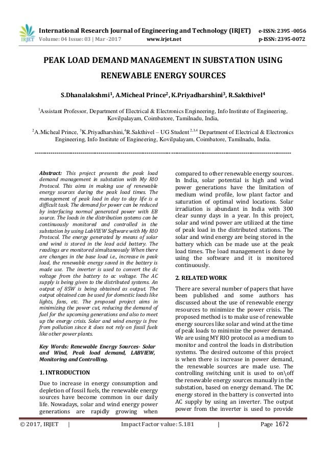 Peak Load Demand Management In Substation Using Renewable Energy Sour