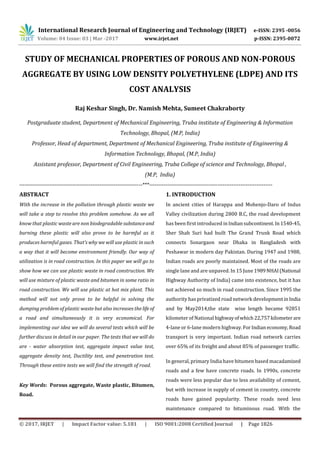 Study of Mechanical Properties of Porous and Non-Porous Aggregate by Using Low Density Polyethylene (Ldpe) and its Cost Analysis