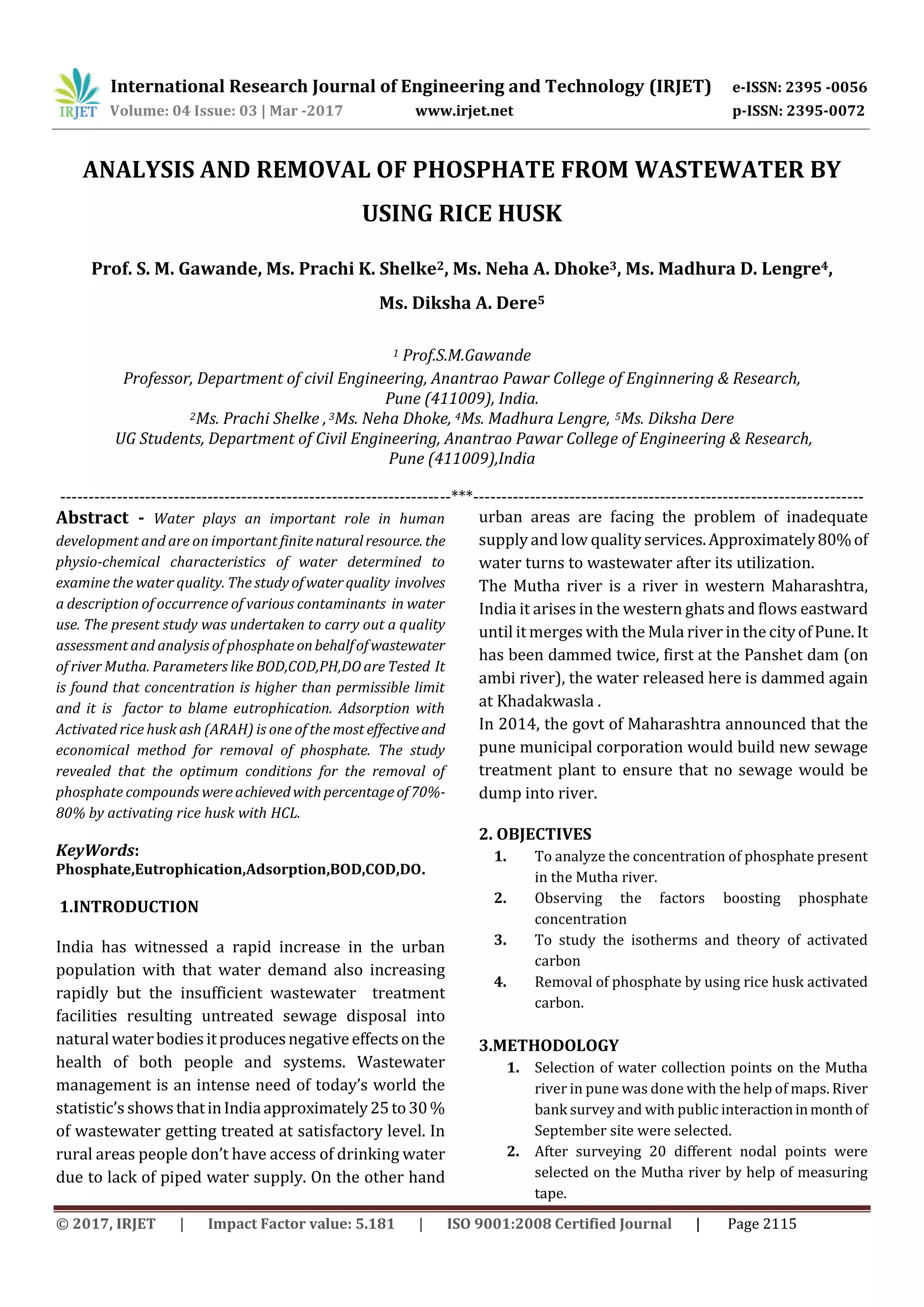 Analysis and Removal of Phosphate from Wastewater by using Rice Husk | PDF