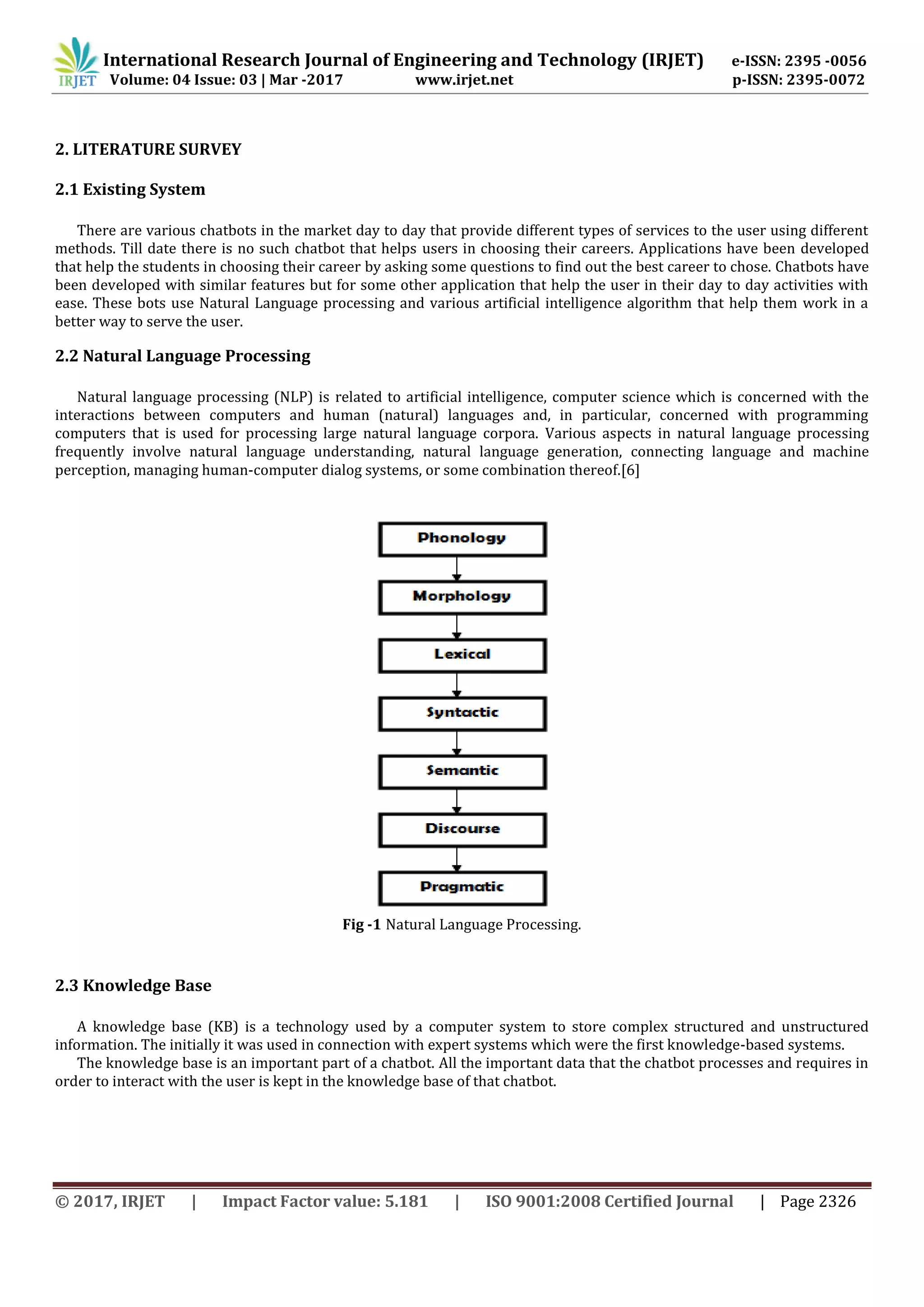 International Research Journal of Engineering and Technology (IRJET) e-ISSN: 2395 -0056
Volume: 04 Issue: 03 | Mar -2017 www.irjet.net p-ISSN: 2395-0072
© 2017, IRJET | Impact Factor value: 5.181 | ISO 9001:2008 Certified Journal | Page 2326
2. LITERATURE SURVEY
2.1 Existing System
There are various chatbots in the market day to day that provide different types of services to the user using different
methods. Till date there is no such chatbot that helps users in choosing their careers. Applications have been developed
that help the students in choosing their career by asking some questions to find out the best career to chose. Chatbots have
been developed with similar features but for some other application that help the user in their day to day activities with
ease. These bots use Natural Language processing and various artificial intelligence algorithm that help them work in a
better way to serve the user.
2.2 Natural Language Processing
Natural language processing (NLP) is related to artificial intelligence, computer science which is concerned with the
interactions between computers and human (natural) languages and, in particular, concerned with programming
computers that is used for processing large natural language corpora. Various aspects in natural language processing
frequently involve natural language understanding, natural language generation, connecting language and machine
perception, managing human-computer dialog systems, or some combination thereof.[6]
Fig -1 Natural Language Processing.
2.3 Knowledge Base
A knowledge base (KB) is a technology used by a computer system to store complex structured and unstructured
information. The initially it was used in connection with expert systems which were the first knowledge-based systems.
The knowledge base is an important part of a chatbot. All the important data that the chatbot processes and requires in
order to interact with the user is kept in the knowledge base of that chatbot.
 