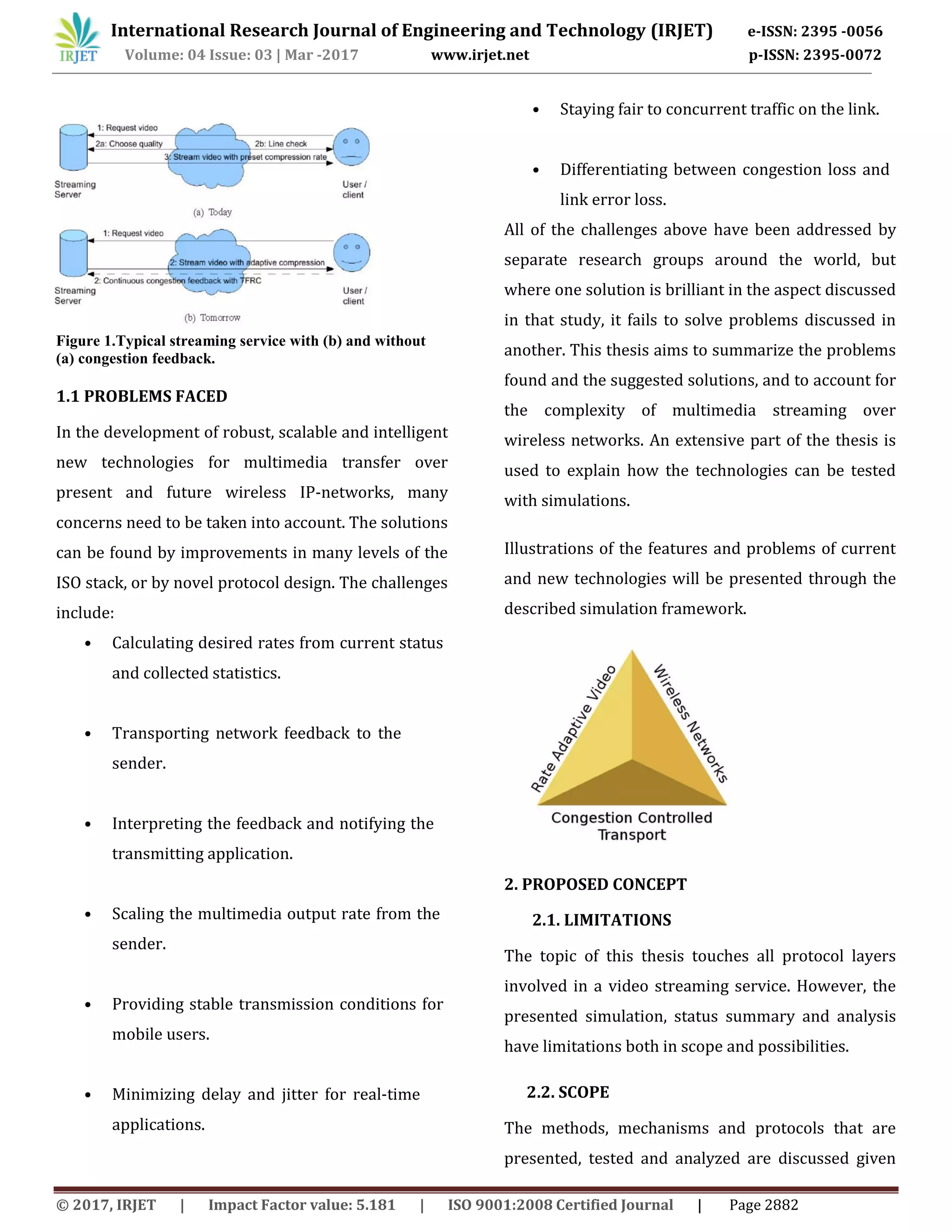 International Research Journal of Engineering and Technology (IRJET) e-ISSN: 2395 -0056
Volume: 04 Issue: 03 | Mar -2017 www.irjet.net p-ISSN: 2395-0072
© 2017, IRJET | Impact Factor value: 5.181 | ISO 9001:2008 Certified Journal | Page 2882
Figure 1.Typical streaming service with (b) and without
(a) congestion feedback.
1.1 PROBLEMS FACED
In the development of robust, scalable and intelligent
new technologies for multimedia transfer over
present and future wireless IP-networks, many
concerns need to be taken into account. The solutions
can be found by improvements in many levels of the
ISO stack, or by novel protocol design. The challenges
include:
• Calculating desired rates from current status
and collected statistics.
• Transporting network feedback to the
sender.
• Interpreting the feedback and notifying the
transmitting application.
• Scaling the multimedia output rate from the
sender.
• Providing stable transmission conditions for
mobile users.
• Minimizing delay and jitter for real-time
applications.
• Staying fair to concurrent traffic on the link.
• Differentiating between congestion loss and
link error loss.
All of the challenges above have been addressed by
separate research groups around the world, but
where one solution is brilliant in the aspect discussed
in that study, it fails to solve problems discussed in
another. This thesis aims to summarize the problems
found and the suggested solutions, and to account for
the complexity of multimedia streaming over
wireless networks. An extensive part of the thesis is
used to explain how the technologies can be tested
with simulations.
Illustrations of the features and problems of current
and new technologies will be presented through the
described simulation framework.
2. PROPOSED CONCEPT
2.1. LIMITATIONS
The topic of this thesis touches all protocol layers
involved in a video streaming service. However, the
presented simulation, status summary and analysis
have limitations both in scope and possibilities.
2.2. SCOPE
The methods, mechanisms and protocols that are
presented, tested and analyzed are discussed given
 