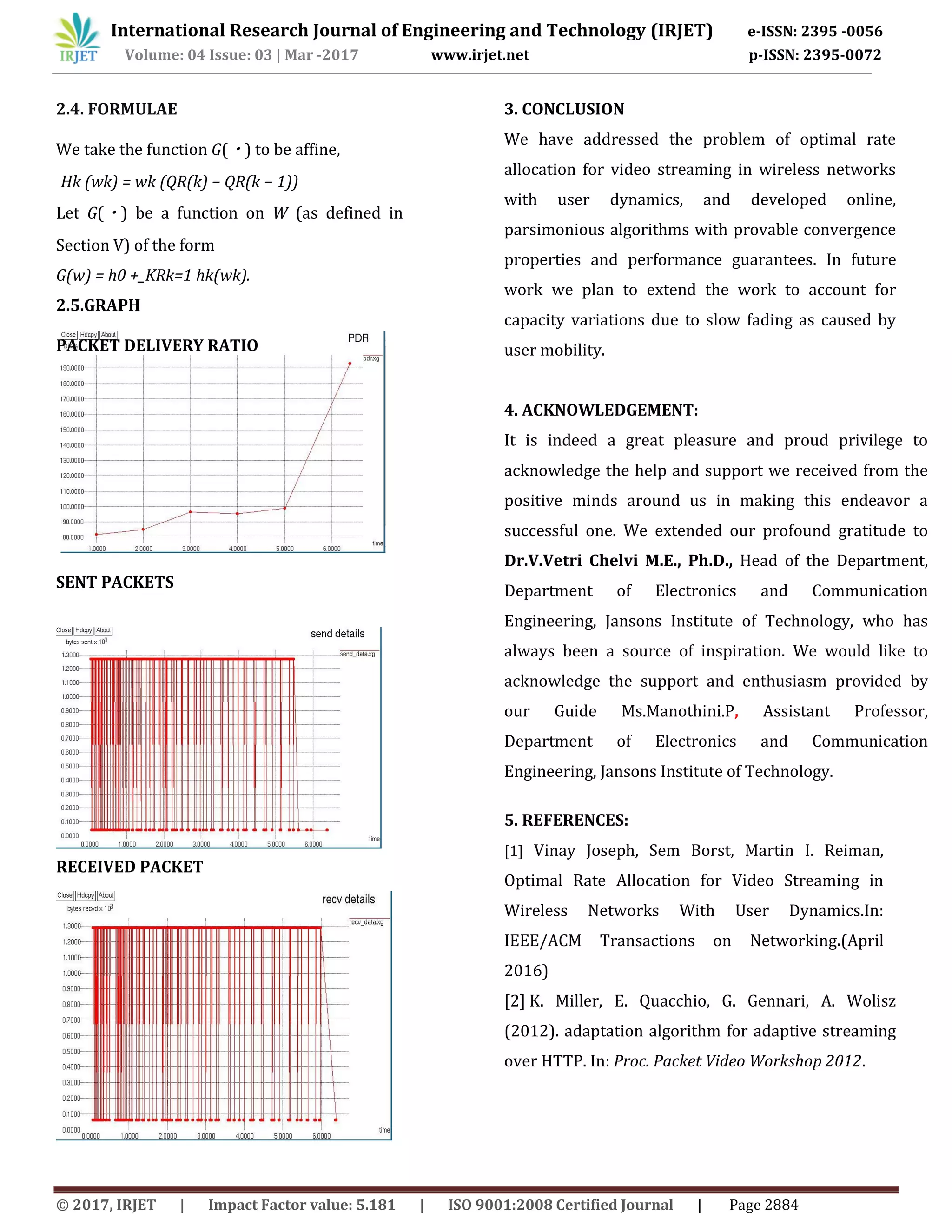 International Research Journal of Engineering and Technology (IRJET) e-ISSN: 2395 -0056
Volume: 04 Issue: 03 | Mar -2017 www.irjet.net p-ISSN: 2395-0072
© 2017, IRJET | Impact Factor value: 5.181 | ISO 9001:2008 Certified Journal | Page 2884
2.4. FORMULAE
We take the function G(・) to be affine,
Hk (wk) = wk (QR(k) − QR(k − 1))
Let G(・) be a function on W (as defined in
Section V) of the form
G(w) = h0 +_KRk=1 hk(wk).
2.5.GRAPH
PACKET DELIVERY RATIO
SENT PACKETS
RECEIVED PACKET
3. CONCLUSION
We have addressed the problem of optimal rate
allocation for video streaming in wireless networks
with user dynamics, and developed online,
parsimonious algorithms with provable convergence
properties and performance guarantees. In future
work we plan to extend the work to account for
capacity variations due to slow fading as caused by
user mobility.
4. ACKNOWLEDGEMENT:
It is indeed a great pleasure and proud privilege to
acknowledge the help and support we received from the
positive minds around us in making this endeavor a
successful one. We extended our profound gratitude to
Dr.V.Vetri Chelvi M.E., Ph.D., Head of the Department,
Department of Electronics and Communication
Engineering, Jansons Institute of Technology, who has
always been a source of inspiration. We would like to
acknowledge the support and enthusiasm provided by
our Guide Ms.Manothini.P, Assistant Professor,
Department of Electronics and Communication
Engineering, Jansons Institute of Technology.
5. REFERENCES:
[1] Vinay Joseph, Sem Borst, Martin I. Reiman,
Optimal Rate Allocation for Video Streaming in
Wireless Networks With User Dynamics.In:
IEEE/ACM Transactions on Networking.(April
2016)
[2] K. Miller, E. Quacchio, G. Gennari, A. Wolisz
(2012). adaptation algorithm for adaptive streaming
over HTTP. In: Proc. Packet Video Workshop 2012.
 