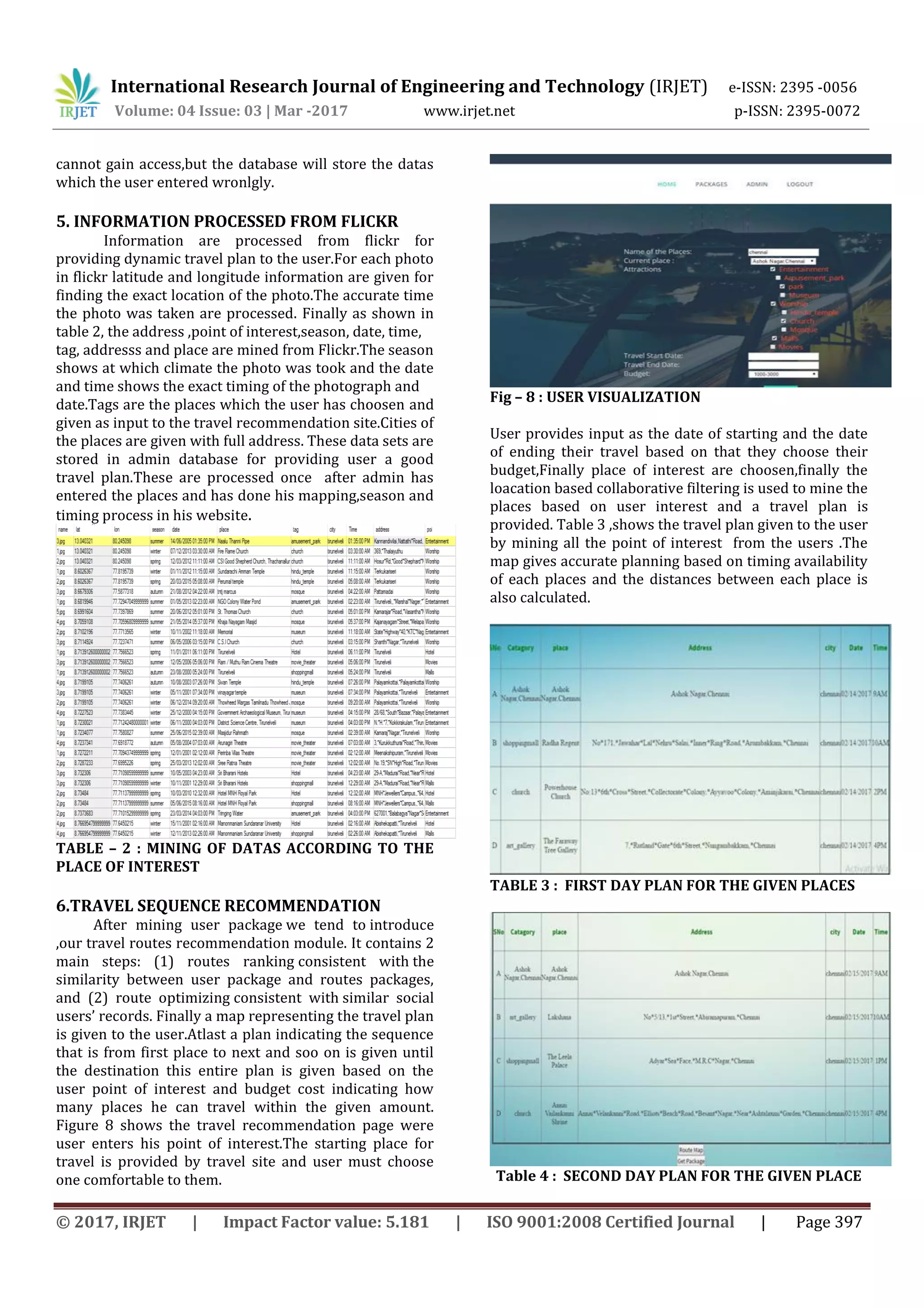 International Research Journal of Engineering and Technology (IRJET) e-ISSN: 2395 -0056
Volume: 04 Issue: 03 | Mar -2017 www.irjet.net p-ISSN: 2395-0072
© 2017, IRJET | Impact Factor value: 5.181 | ISO 9001:2008 Certified Journal | Page 397
cannot gain access,but the database will store the datas
which the user entered wronlgly.
5. INFORMATION PROCESSED FROM FLICKR
Information are processed from flickr for
providing dynamic travel plan to the user.For each photo
in flickr latitude and longitude information are given for
finding the exact location of the photo.The accurate time
the photo was taken are processed. Finally as shown in
table 2, the address ,point of interest,season, date, time,
tag, addresss and place are mined from Flickr.The season
shows at which climate the photo was took and the date
and time shows the exact timing of the photograph and
date.Tags are the places which the user has choosen and
given as input to the travel recommendation site.Cities of
the places are given with full address. These data sets are
stored in admin database for providing user a good
travel plan.These are processed once after admin has
entered the places and has done his mapping,season and
timing process in his website.
TABLE – 2 : MINING OF DATAS ACCORDING TO THE
PLACE OF INTEREST
6.TRAVEL SEQUENCE RECOMMENDATION
After mining user package we tend to introduce
,our travel routes recommendation module. It contains 2
main steps: (1) routes ranking consistent with the
similarity between user package and routes packages,
and (2) route optimizing consistent with similar social
users’ records. Finally a map representing the travel plan
is given to the user.Atlast a plan indicating the sequence
that is from first place to next and soo on is given until
the destination this entire plan is given based on the
user point of interest and budget cost indicating how
many places he can travel within the given amount.
Figure 8 shows the travel recommendation page were
user enters his point of interest.The starting place for
travel is provided by travel site and user must choose
one comfortable to them.
Fig – 8 : USER VISUALIZATION
User provides input as the date of starting and the date
of ending their travel based on that they choose their
budget,Finally place of interest are choosen,finally the
loacation based collaborative filtering is used to mine the
places based on user interest and a travel plan is
provided. Table 3 ,shows the travel plan given to the user
by mining all the point of interest from the users .The
map gives accurate planning based on timing availability
of each places and the distances between each place is
also calculated.
TABLE 3 : FIRST DAY PLAN FOR THE GIVEN PLACES
Table 4 : SECOND DAY PLAN FOR THE GIVEN PLACE
 