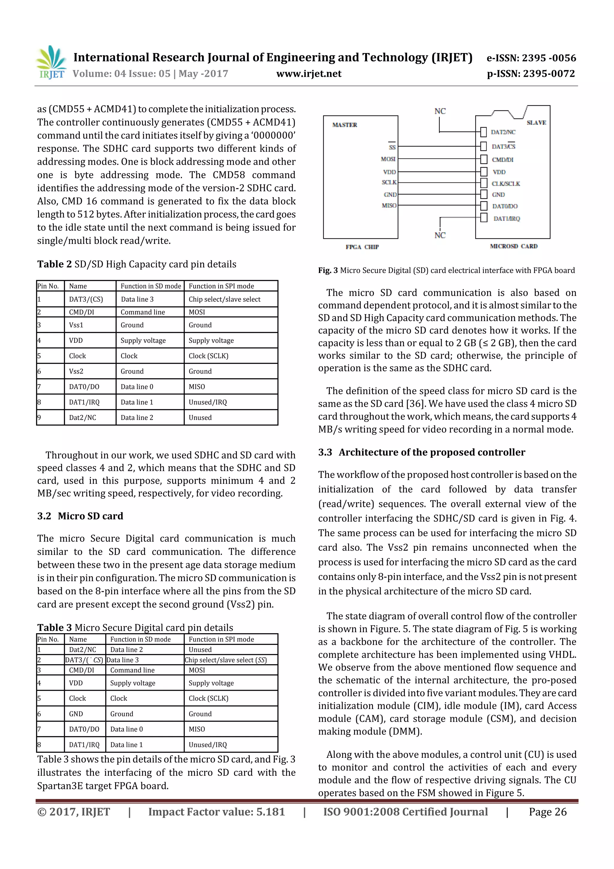 International Research Journal of Engineering and Technology (IRJET) e-ISSN: 2395 -0056
Volume: 04 Issue: 05 | May -2017 www.irjet.net p-ISSN: 2395-0072
© 2017, IRJET | Impact Factor value: 5.181 | ISO 9001:2008 Certified Journal | Page 26
as (CMD55 + ACMD41)tocompletetheinitializationprocess.
The controller continuously generates (CMD55 + ACMD41)
command until the card initiates itself by giving a ‘0000000’
response. The SDHC card supports two different kinds of
addressing modes. One is block addressing mode and other
one is byte addressing mode. The CMD58 command
identifies the addressing mode of the version-2 SDHC card.
Also, CMD 16 command is generated to fix the data block
length to 512 bytes. After initializationprocess,thecardgoes
to the idle state until the next command is being issued for
single/multi block read/write.
Table 2 SD/SD High Capacity card pin details
Pin No. Name Function in SD mode Function in SPI mode
1 DAT3/(CS) Data line 3 Chip select/slave select
2 CMD/DI Command line MOSI
3 Vss1 Ground Ground
4 VDD Supply voltage Supply voltage
5 Clock Clock Clock (SCLK)
6 Vss2 Ground Ground
7 DAT0/DO Data line 0 MISO
8 DAT1/IRQ Data line 1 Unused/IRQ
9 Dat2/NC Data line 2 Unused
Throughout in our work, we used SDHC and SD card with
speed classes 4 and 2, which means that the SDHC and SD
card, used in this purpose, supports minimum 4 and 2
MB/sec writing speed, respectively, for video recording.
3.2 Micro SD card
The micro Secure Digital card communication is much
similar to the SD card communication. The difference
between these two in the present age data storage medium
is in their pin configuration. The micro SD communication is
based on the 8-pin interface where all the pins from the SD
card are present except the second ground (Vss2) pin.
Table 3 Micro Secure Digital card pin details
Pin No. Name Function in SD mode Function in SPI mode
1 Dat2/NC Data line 2 Unused
2 DAT3/( ¯ CS) Data line 3 Chip select/slave select (SS)
3 CMD/DI Command line MOSI
4 VDD Supply voltage Supply voltage
5 Clock Clock Clock (SCLK)
6 GND Ground Ground
7 DAT0/DO Data line 0 MISO
8 DAT1/IRQ Data line 1 Unused/IRQ
Table 3 shows the pin details of the micro SD card, and Fig. 3
illustrates the interfacing of the micro SD card with the
Spartan3E target FPGA board.
Fig. 3 Micro Secure Digital (SD) card electrical interface with FPGA board
The micro SD card communication is also based on
command dependent protocol, and it is almost similartothe
SD and SD High Capacity card communication methods. The
capacity of the micro SD card denotes how it works. If the
capacity is less than or equal to 2 GB (≤ 2 GB), then the card
works similar to the SD card; otherwise, the principle of
operation is the same as the SDHC card.
The definition of the speed class for micro SD card is the
same as the SD card [36]. We have used the class 4 micro SD
card throughout the work, which means, thecardsupports4
MB/s writing speed for video recording in a normal mode.
3.3 Architecture of the proposed controller
The workflow of the proposed hostcontrollerisbasedon the
initialization of the card followed by data transfer
(read/write) sequences. The overall external view of the
controller interfacing the SDHC/SD card is given in Fig. 4.
The same process can be used for interfacing the micro SD
card also. The Vss2 pin remains unconnected when the
process is used for interfacing the micro SD card as the card
contains only 8-pin interface, and the Vss2 pin is notpresent
in the physical architecture of the micro SD card.
The state diagram of overall control flow of the controller
is shown in Figure. 5. The state diagram of Fig. 5 is working
as a backbone for the architecture of the controller. The
complete architecture has been implemented using VHDL.
We observe from the above mentioned flow sequence and
the schematic of the internal architecture, the pro-posed
controller is divided into five variant modules.Theyarecard
initialization module (CIM), idle module (IM), card Access
module (CAM), card storage module (CSM), and decision
making module (DMM).
Along with the above modules, a control unit (CU) is used
to monitor and control the activities of each and every
module and the flow of respective driving signals. The CU
operates based on the FSM showed in Figure 5.
 