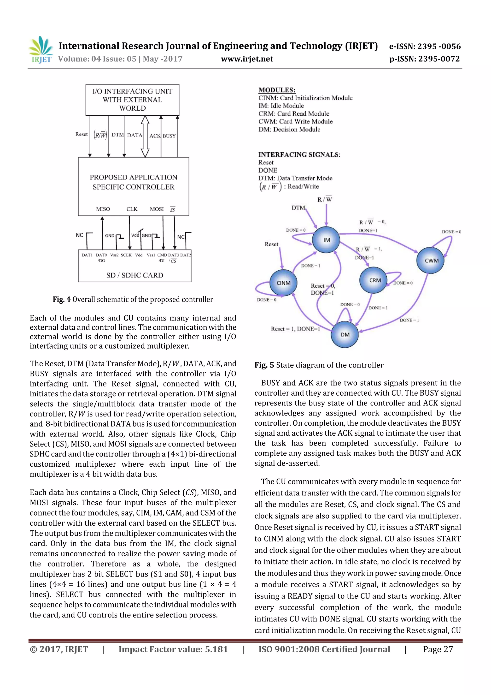 International Research Journal of Engineering and Technology (IRJET) e-ISSN: 2395 -0056
Volume: 04 Issue: 05 | May -2017 www.irjet.net p-ISSN: 2395-0072
© 2017, IRJET | Impact Factor value: 5.181 | ISO 9001:2008 Certified Journal | Page 27
Fig. 4 Overall schematic of the proposed controller
Each of the modules and CU contains many internal and
external data and control lines. The communicationwiththe
external world is done by the controller either using I/O
interfacing units or a customized multiplexer.
The Reset, DTM (Data TransferMode),R/W,DATA,ACK, and
BUSY signals are interfaced with the controller via I/O
interfacing unit. The Reset signal, connected with CU,
initiates the data storage or retrieval operation. DTM signal
selects the single/multiblock data transfer mode of the
controller, R/W is used for read/write operation selection,
and 8-bit bidirectional DATA bus is used forcommunication
with external world. Also, other signals like Clock, Chip
Select (CS), MISO, and MOSI signals are connected between
SDHC card and the controller through a (4×1) bi-directional
customized multiplexer where each input line of the
multiplexer is a 4 bit width data bus.
Each data bus contains a Clock, Chip Select (CS), MISO, and
MOSI signals. These four input buses of the multiplexer
connect the four modules, say, CIM, IM, CAM, and CSM of the
controller with the external card based on the SELECT bus.
The output bus from the multiplexer communicateswith the
card. Only in the data bus from the IM, the clock signal
remains unconnected to realize the power saving mode of
the controller. Therefore as a whole, the designed
multiplexer has 2 bit SELECT bus (S1 and S0), 4 input bus
lines (4×4 = 16 lines) and one output bus line (1 × 4 = 4
lines). SELECT bus connected with the multiplexer in
sequence helps to communicate theindividual moduleswith
the card, and CU controls the entire selection process.
Fig. 5 State diagram of the controller
BUSY and ACK are the two status signals present in the
controller and they are connected with CU. The BUSY signal
represents the busy state of the controller and ACK signal
acknowledges any assigned work accomplished by the
controller. On completion, the module deactivates the BUSY
signal and activates the ACK signal to intimate the user that
the task has been completed successfully. Failure to
complete any assigned task makes both the BUSY and ACK
signal de-asserted.
The CU communicates with every module in sequence for
efficient data transfer with the card. The commonsignalsfor
all the modules are Reset, CS, and clock signal. The CS and
clock signals are also supplied to the card via multiplexer.
Once Reset signal is received by CU, it issues a START signal
to CINM along with the clock signal. CU also issues START
and clock signal for the other modules when they are about
to initiate their action. In idle state, no clock is received by
the modules and thus they work in powersavingmode.Once
a module receives a START signal, it acknowledges so by
issuing a READY signal to the CU and starts working. After
every successful completion of the work, the module
intimates CU with DONE signal. CU starts working with the
card initialization module. On receiving the Reset signal, CU
 