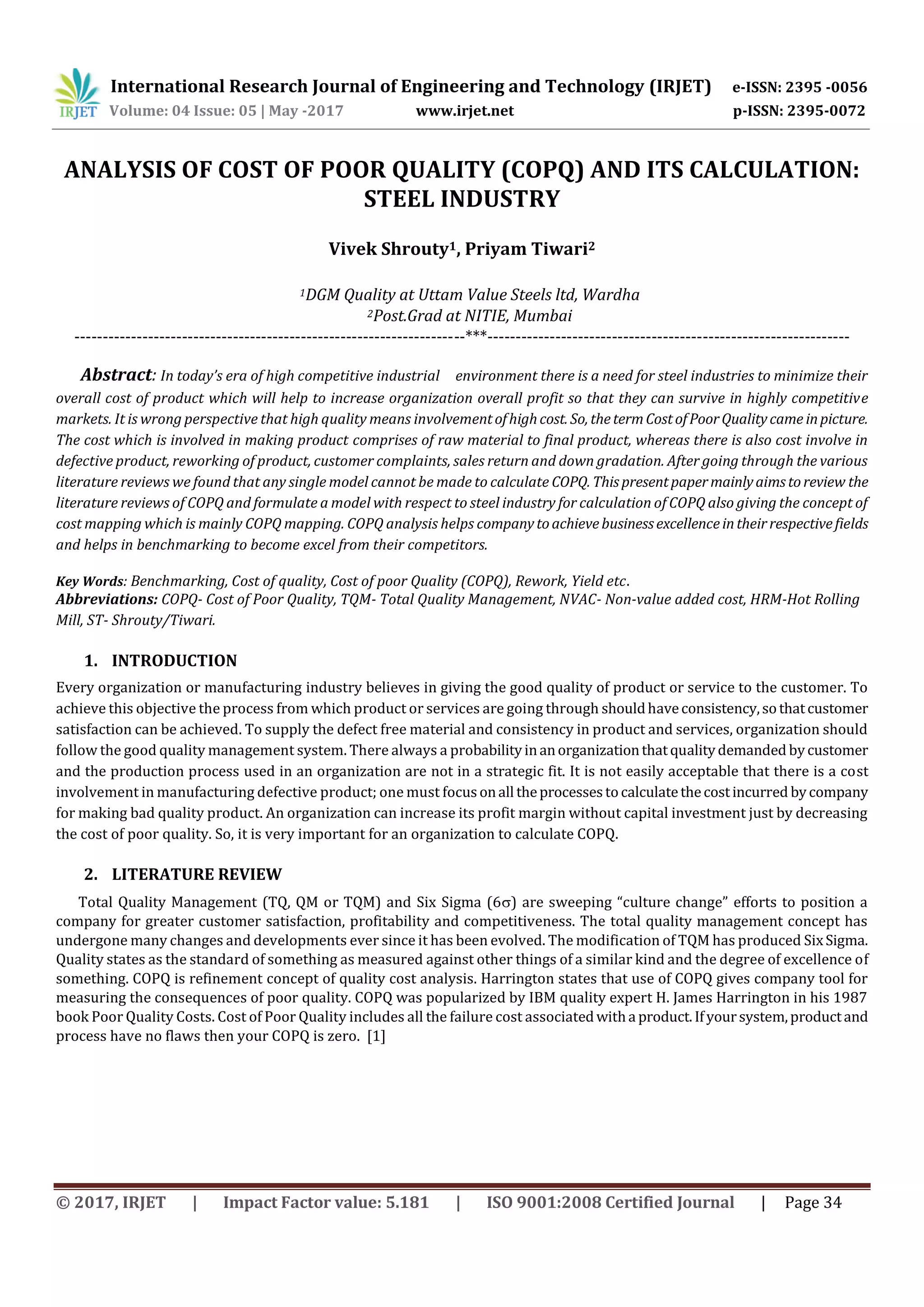 IRJET-Analysis of Cost of Poor Quality (COPQ) and its Calculation ...
