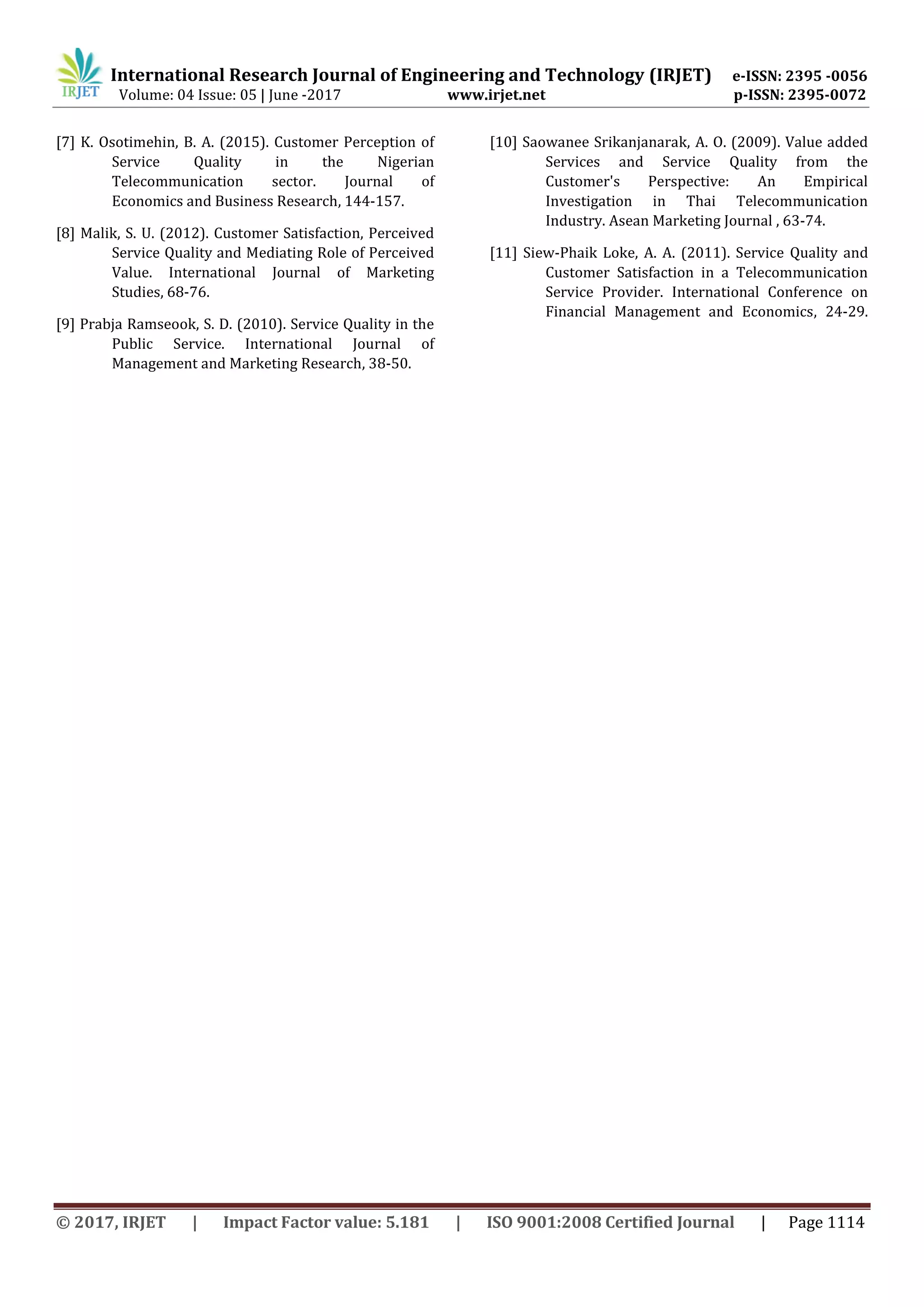 International Research Journal of Engineering and Technology (IRJET) e-ISSN: 2395 -0056
Volume: 04 Issue: 05 | June -2017 www.irjet.net p-ISSN: 2395-0072
© 2017, IRJET | Impact Factor value: 5.181 | ISO 9001:2008 Certified Journal | Page 1114
[7] K. Osotimehin, B. A. (2015). Customer Perception of
Service Quality in the Nigerian
Telecommunication sector. Journal of
Economics and Business Research, 144-157.
[8] Malik, S. U. (2012). Customer Satisfaction, Perceived
Service Quality and Mediating Role of Perceived
Value. International Journal of Marketing
Studies, 68-76.
[9] Prabja Ramseook, S. D. (2010). Service Quality in the
Public Service. International Journal of
Management and Marketing Research, 38-50.
[10] Saowanee Srikanjanarak, A. O. (2009). Value added
Services and Service Quality from the
Customer's Perspective: An Empirical
Investigation in Thai Telecommunication
Industry. Asean Marketing Journal , 63-74.
[11] Siew-Phaik Loke, A. A. (2011). Service Quality and
Customer Satisfaction in a Telecommunication
Service Provider. International Conference on
Financial Management and Economics, 24-29.
 