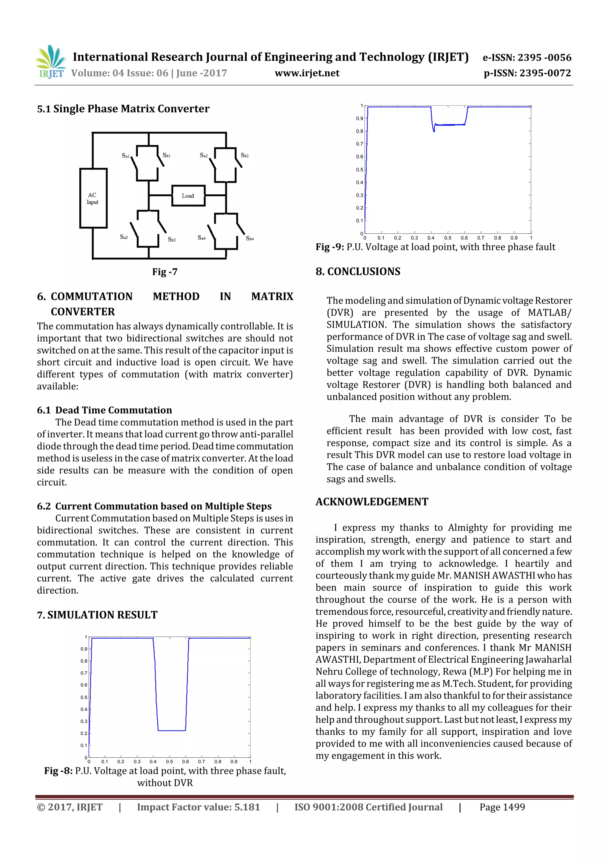International Research Journal of Engineering and Technology (IRJET) e-ISSN: 2395 -0056
Volume: 04 Issue: 06 | June -2017 www.irjet.net p-ISSN: 2395-0072
© 2017, IRJET | Impact Factor value: 5.181 | ISO 9001:2008 Certified Journal | Page 1499
5.1 Single Phase Matrix Converter
Fig -7
6. COMMUTATION METHOD IN MATRIX
CONVERTER
The commutation has always dynamically controllable. It is
important that two bidirectional switches are should not
switched on at the same. This result of the capacitor input is
short circuit and inductive load is open circuit. We have
different types of commutation (with matrix converter)
available:
6.1 Dead Time Commutation
The Dead time commutation method is used in the part
of inverter. It means that load current go throw anti-parallel
diode through the dead time period.Deadtimecommutation
method is useless in the case of matrix converter. Attheload
side results can be measure with the condition of open
circuit.
6.2 Current Commutation based on Multiple Steps
Current Commutation based on Multiple Steps isusesin
bidirectional switches. These are consistent in current
commutation. It can control the current direction. This
commutation technique is helped on the knowledge of
output current direction. This technique provides reliable
current. The active gate drives the calculated current
direction.
7. SIMULATION RESULT
0 0.1 0.2 0.3 0.4 0.5 0.6 0.7 0.8 0.9 1
0
0.1
0.2
0.3
0.4
0.5
0.6
0.7
0.8
0.9
1
Fig -8: P.U. Voltage at load point, with three phase fault,
without DVR
0 0.1 0.2 0.3 0.4 0.5 0.6 0.7 0.8 0.9 1
0
0.1
0.2
0.3
0.4
0.5
0.6
0.7
0.8
0.9
1
Fig -9: P.U. Voltage at load point, with three phase fault
8. CONCLUSIONS
The modeling and simulationofDynamicvoltageRestorer
(DVR) are presented by the usage of MATLAB/
SIMULATION. The simulation shows the satisfactory
performance of DVR in The case of voltage sag and swell.
Simulation result ma shows effective custom power of
voltage sag and swell. The simulation carried out the
better voltage regulation capability of DVR. Dynamic
voltage Restorer (DVR) is handling both balanced and
unbalanced position without any problem.
The main advantage of DVR is consider To be
efficient result has been provided with low cost, fast
response, compact size and its control is simple. As a
result This DVR model can use to restore load voltage in
The case of balance and unbalance condition of voltage
sags and swells.
ACKNOWLEDGEMENT
I express my thanks to Almighty for providing me
inspiration, strength, energy and patience to start and
accomplish my work with the support of all concerned a few
of them I am trying to acknowledge. I heartily and
courteously thank my guide Mr. MANISH AWASTHIwho has
been main source of inspiration to guide this work
throughout the course of the work. He is a person with
tremendousforce, resourceful,creativityandfriendlynature.
He proved himself to be the best guide by the way of
inspiring to work in right direction, presenting research
papers in seminars and conferences. I thank Mr MANISH
AWASTHI, Department of Electrical Engineering Jawaharlal
Nehru College of technology, Rewa (M.P) For helping me in
all ways for registering me as M.Tech. Student, for providing
laboratory facilities. I am also thankful to fortheirassistance
and help. I express my thanks to all my colleagues for their
help and throughout support. Last butnotleast,Iexpress my
thanks to my family for all support, inspiration and love
provided to me with all inconveniencies caused because of
my engagement in this work.
 