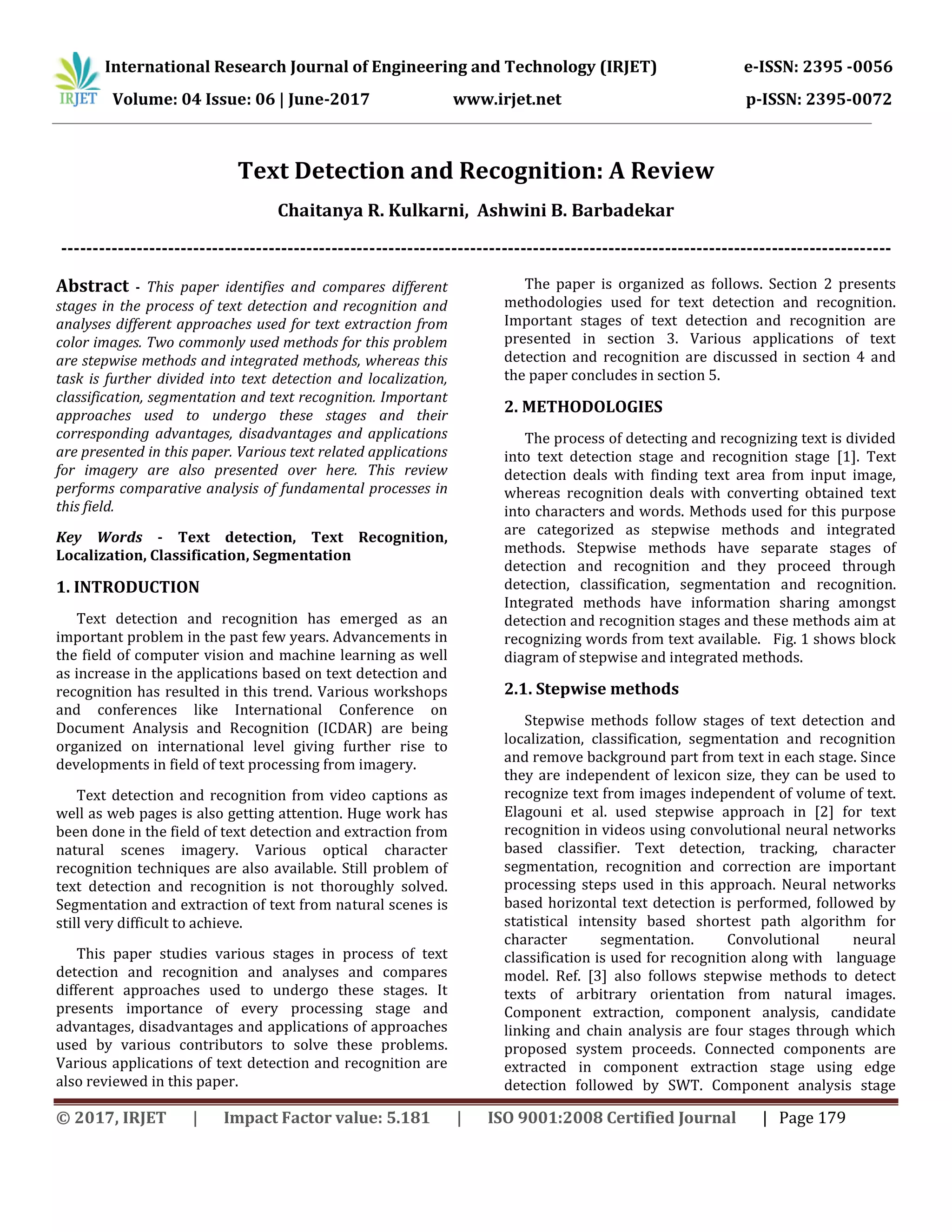 Text Detection and Recognition: A Review | PDF