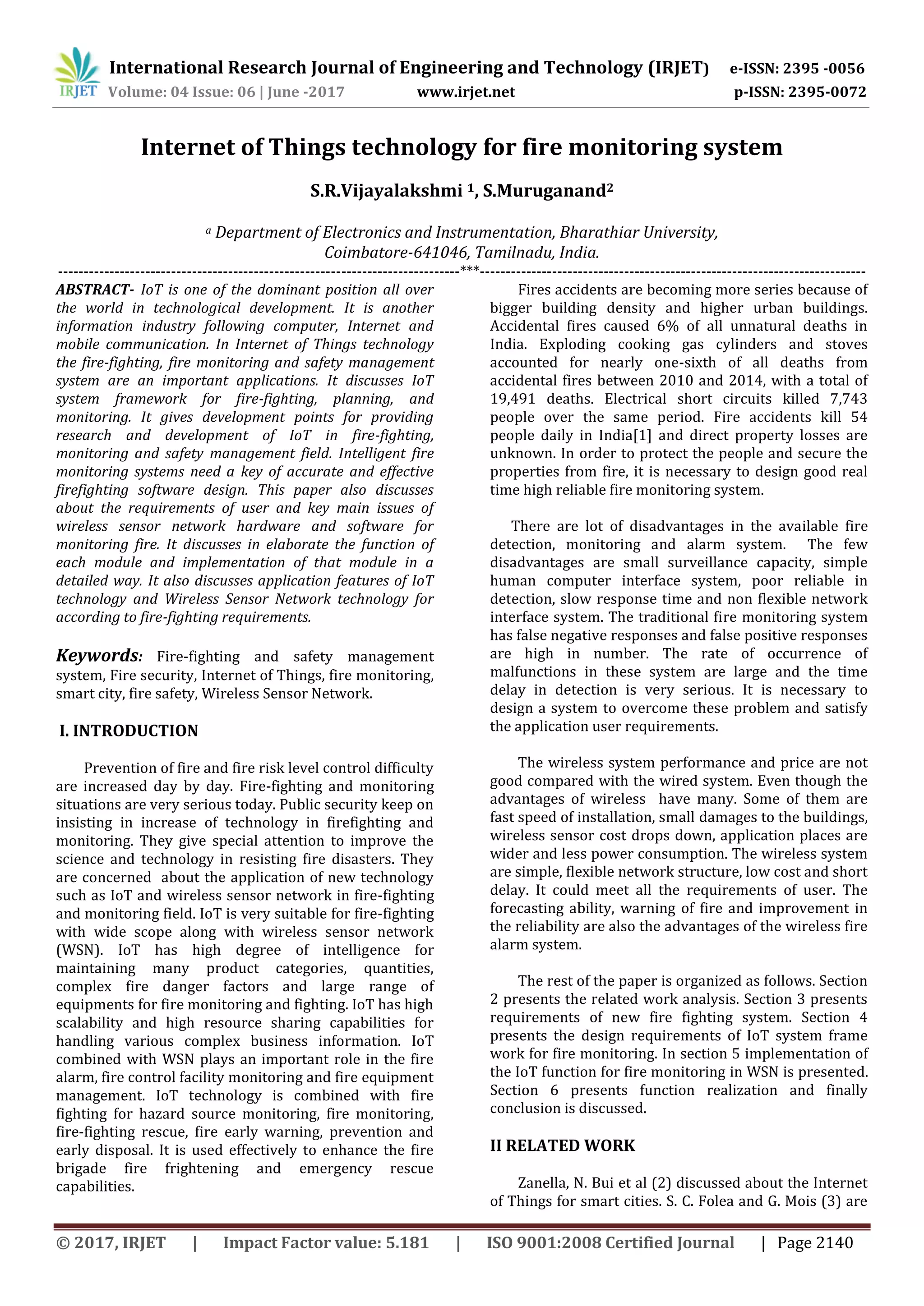 Internet of Things Technology for Fire Monitoring System | PDF