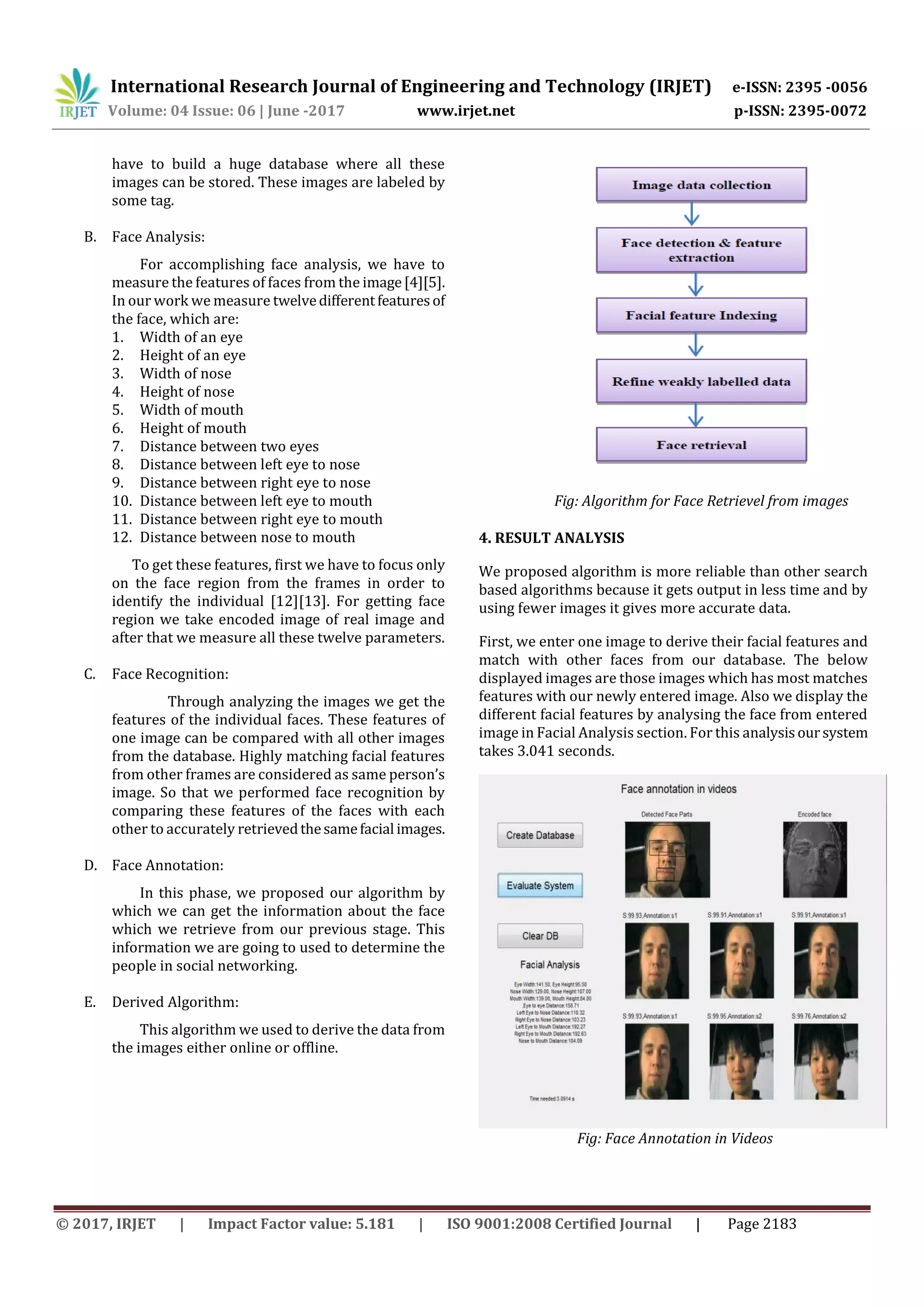 International Research Journal of Engineering and Technology (IRJET) e-ISSN: 2395 -0056
Volume: 04 Issue: 06 | June -2017 www.irjet.net p-ISSN: 2395-0072
© 2017, IRJET | Impact Factor value: 5.181 | ISO 9001:2008 Certified Journal | Page 2183
have to build a huge database where all these
images can be stored. These images are labeled by
some tag.
B. Face Analysis:
For accomplishing face analysis, we have to
measure the features of faces from the image[4][5].
In our work we measure twelvedifferentfeaturesof
the face, which are:
1. Width of an eye
2. Height of an eye
3. Width of nose
4. Height of nose
5. Width of mouth
6. Height of mouth
7. Distance between two eyes
8. Distance between left eye to nose
9. Distance between right eye to nose
10. Distance between left eye to mouth
11. Distance between right eye to mouth
12. Distance between nose to mouth
To get these features, first we have to focus only
on the face region from the frames in order to
identify the individual [12][13]. For getting face
region we take encoded image of real image and
after that we measure all these twelve parameters.
C. Face Recognition:
Through analyzing the images we get the
features of the individual faces. These features of
one image can be compared with all other images
from the database. Highly matching facial features
from other frames are considered as same person’s
image. So that we performed face recognition by
comparing these features of the faces with each
other to accurately retrievedthesamefacial images.
D. Face Annotation:
In this phase, we proposed our algorithm by
which we can get the information about the face
which we retrieve from our previous stage. This
information we are going to used to determine the
people in social networking.
E. Derived Algorithm:
This algorithm we used to derive the data from
the images either online or offline.
Fig: Algorithm for Face Retrievel from images
4. RESULT ANALYSIS
We proposed algorithm is more reliable than other search
based algorithms because it gets output in less time and by
using fewer images it gives more accurate data.
First, we enter one image to derive their facial features and
match with other faces from our database. The below
displayed images are those images which has most matches
features with our newly entered image. Also we display the
different facial features by analysing the face from entered
image in Facial Analysis section. For this analysisoursystem
takes 3.041 seconds.
Fig: Face Annotation in Videos
 