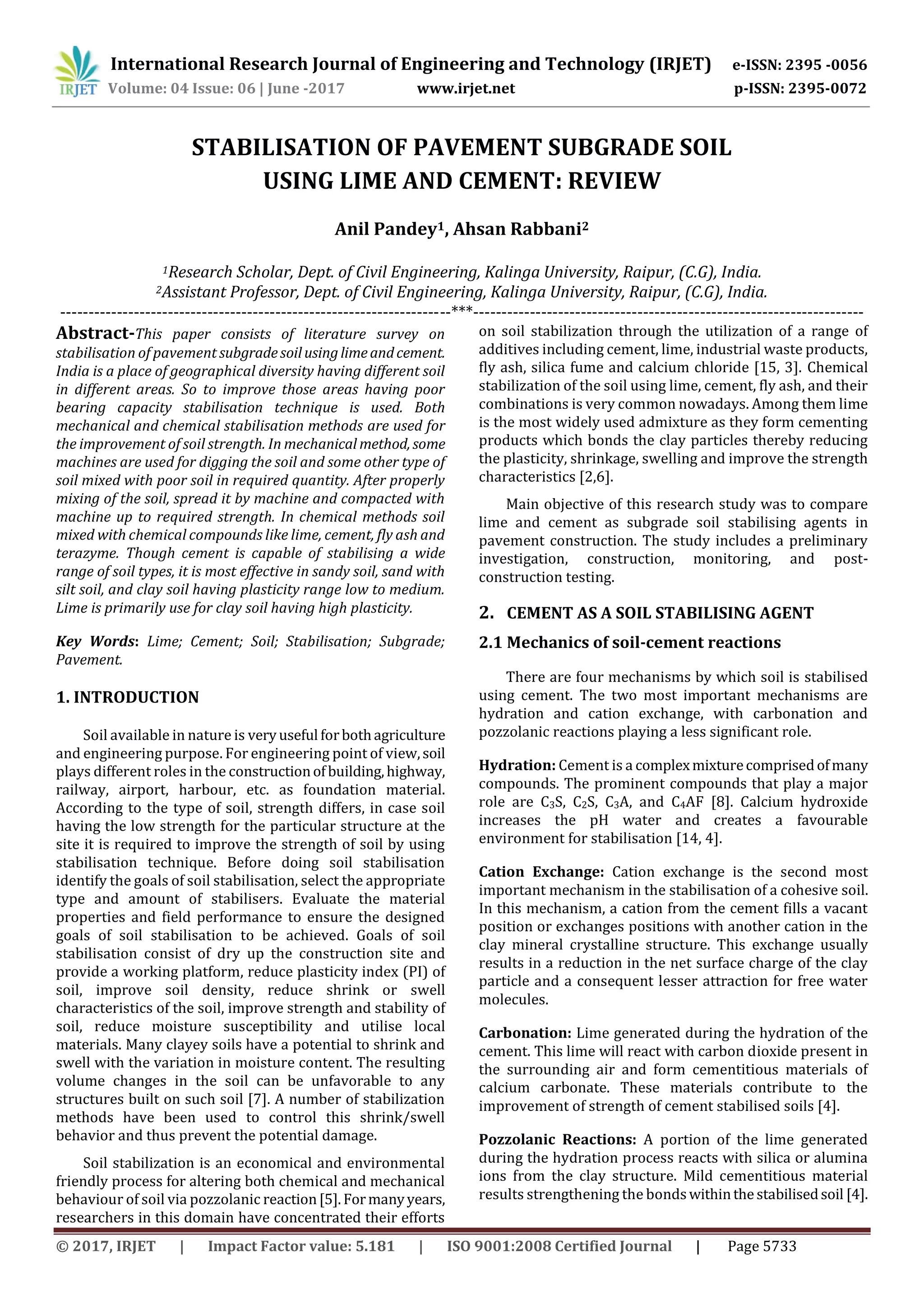 Stabilisation of Pavement Subgrade Soil using Lime and Cement Review PDF
