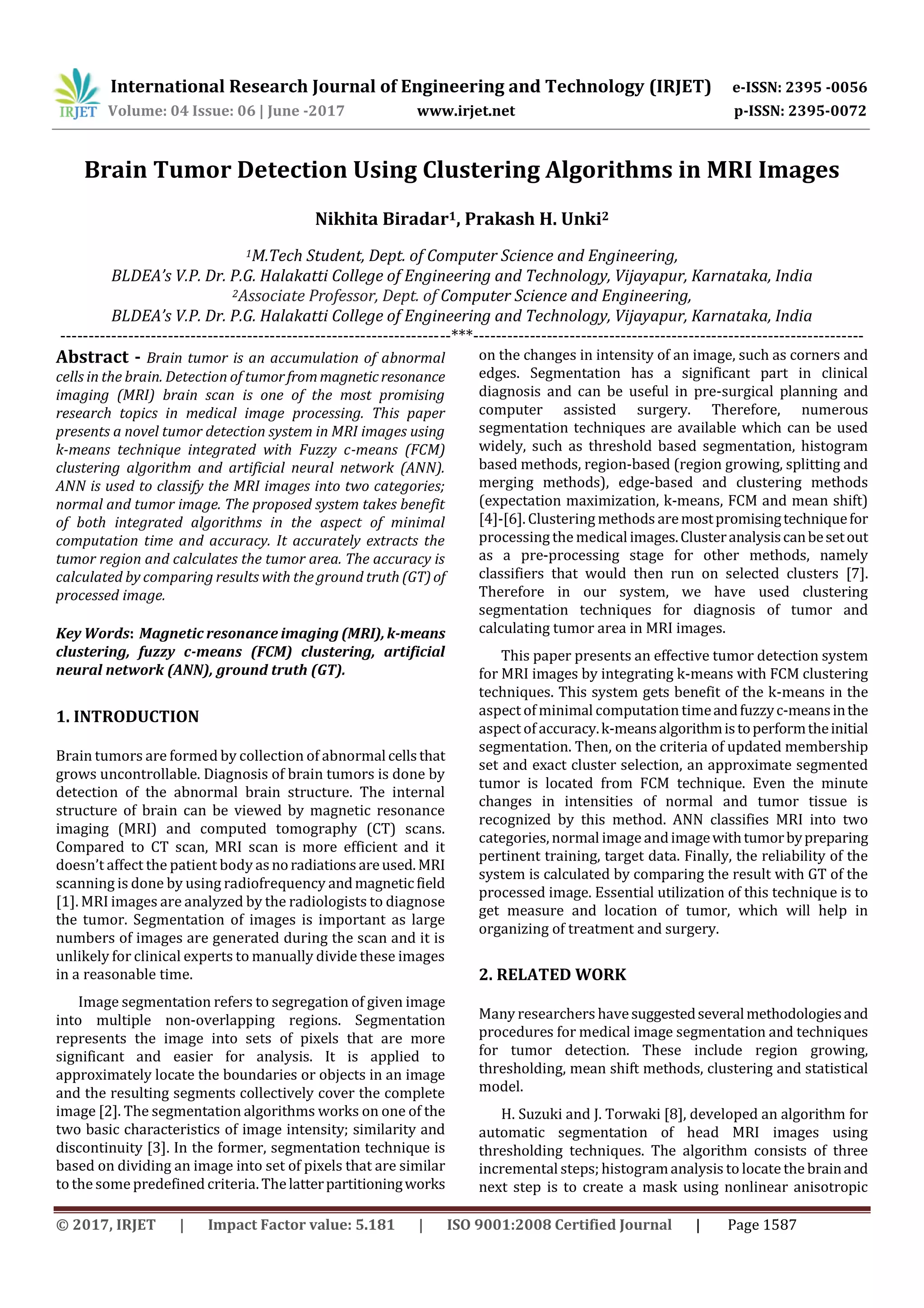 Brain Tumor Detection using Clustering Algorithms in MRI Images | PDF