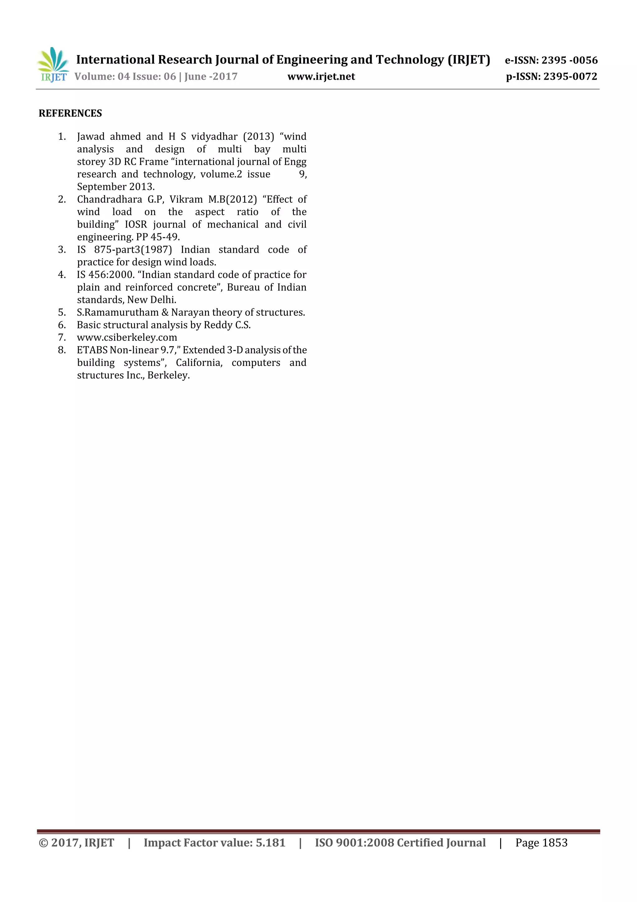 International Research Journal of Engineering and Technology (IRJET) e-ISSN: 2395 -0056
Volume: 04 Issue: 06 | June -2017 www.irjet.net p-ISSN: 2395-0072
© 2017, IRJET | Impact Factor value: 5.181 | ISO 9001:2008 Certified Journal | Page 1853
REFERENCES
1. Jawad ahmed and H S vidyadhar (2013) “wind
analysis and design of multi bay multi
storey 3D RC Frame “international journal of Engg
research and technology, volume.2 issue 9,
September 2013.
2. Chandradhara G.P, Vikram M.B(2012) “Effect of
wind load on the aspect ratio of the
building” IOSR journal of mechanical and civil
engineering. PP 45-49.
3. IS 875-part3(1987) Indian standard code of
practice for design wind loads.
4. IS 456:2000. “Indian standard code of practice for
plain and reinforced concrete”, Bureau of Indian
standards, New Delhi.
5. S.Ramamurutham & Narayan theory of structures.
6. Basic structural analysis by Reddy C.S.
7. www.csiberkeley.com
8. ETABS Non-linear 9.7,” Extended3-Danalysisofthe
building systems”, California, computers and
structures Inc., Berkeley.
 