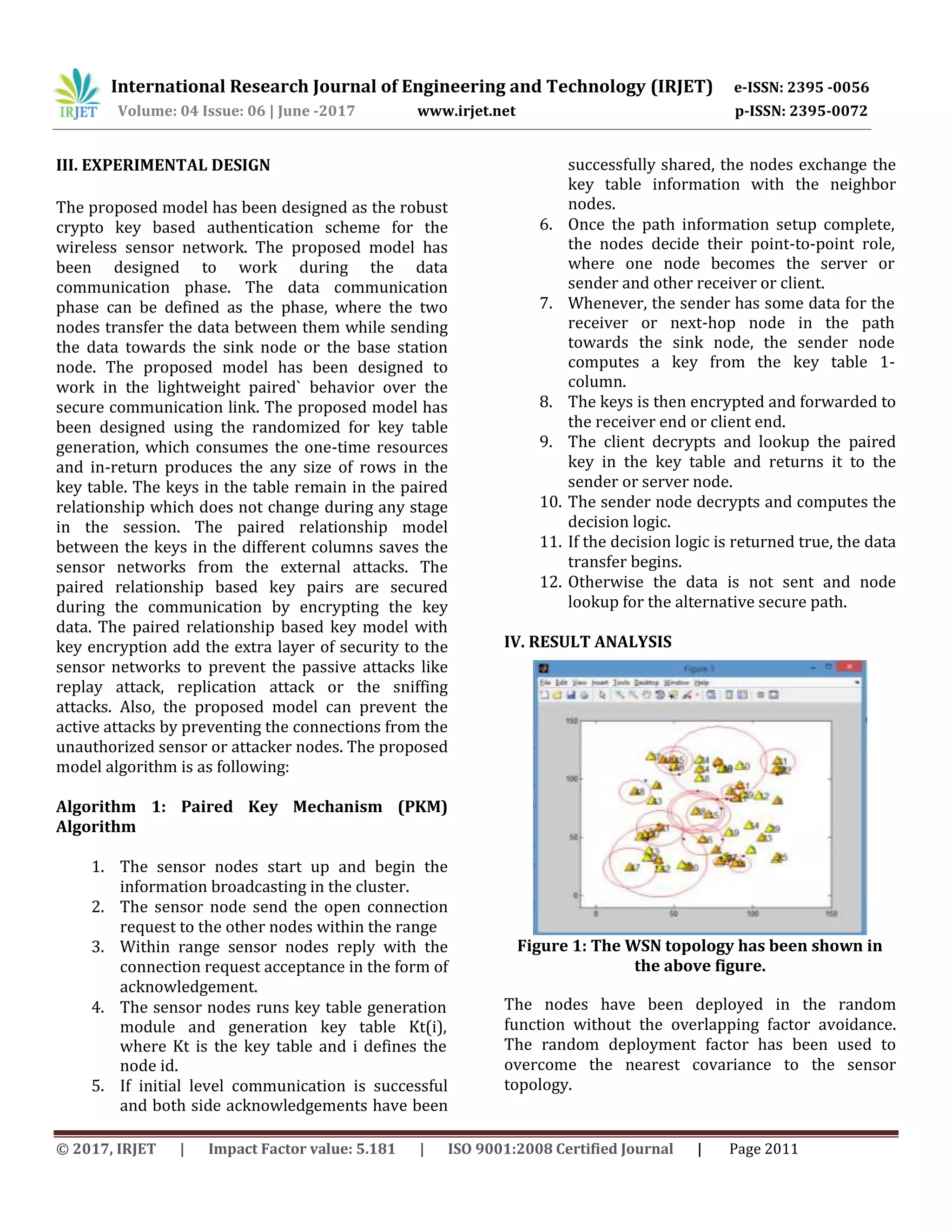 International Research Journal of Engineering and Technology (IRJET) e-ISSN: 2395 -0056
Volume: 04 Issue: 06 | June -2017 www.irjet.net p-ISSN: 2395-0072
© 2017, IRJET | Impact Factor value: 5.181 | ISO 9001:2008 Certified Journal | Page 2011
III. EXPERIMENTAL DESIGN
The proposed model has been designed as the robust
crypto key based authentication scheme for the
wireless sensor network. The proposed model has
been designed to work during the data
communication phase. The data communication
phase can be defined as the phase, where the two
nodes transfer the data between them while sending
the data towards the sink node or the base station
node. The proposed model has been designed to
work in the lightweight paired` behavior over the
secure communication link. The proposed model has
been designed using the randomized for key table
generation, which consumes the one-time resources
and in-return produces the any size of rows in the
key table. The keys in the table remain in the paired
relationship which does not change during any stage
in the session. The paired relationship model
between the keys in the different columns saves the
sensor networks from the external attacks. The
paired relationship based key pairs are secured
during the communication by encrypting the key
data. The paired relationship based key model with
key encryption add the extra layer of security to the
sensor networks to prevent the passive attacks like
replay attack, replication attack or the sniffing
attacks. Also, the proposed model can prevent the
active attacks by preventing the connections from the
unauthorized sensor or attacker nodes. The proposed
model algorithm is as following:
Algorithm 1: Paired Key Mechanism (PKM)
Algorithm
1. The sensor nodes start up and begin the
information broadcasting in the cluster.
2. The sensor node send the open connection
request to the other nodes within the range
3. Within range sensor nodes reply with the
connection request acceptance in the form of
acknowledgement.
4. The sensor nodes runs key table generation
module and generation key table Kt(i),
where Kt is the key table and i defines the
node id.
5. If initial level communication is successful
and both side acknowledgements have been
successfully shared, the nodes exchange the
key table information with the neighbor
nodes.
6. Once the path information setup complete,
the nodes decide their point-to-point role,
where one node becomes the server or
sender and other receiver or client.
7. Whenever, the sender has some data for the
receiver or next-hop node in the path
towards the sink node, the sender node
computes a key from the key table 1-
column.
8. The keys is then encrypted and forwarded to
the receiver end or client end.
9. The client decrypts and lookup the paired
key in the key table and returns it to the
sender or server node.
10. The sender node decrypts and computes the
decision logic.
11. If the decision logic is returned true, the data
transfer begins.
12. Otherwise the data is not sent and node
lookup for the alternative secure path.
IV. RESULT ANALYSIS
Figure 1: The WSN topology has been shown in
the above figure.
The nodes have been deployed in the random
function without the overlapping factor avoidance.
The random deployment factor has been used to
overcome the nearest covariance to the sensor
topology.
 