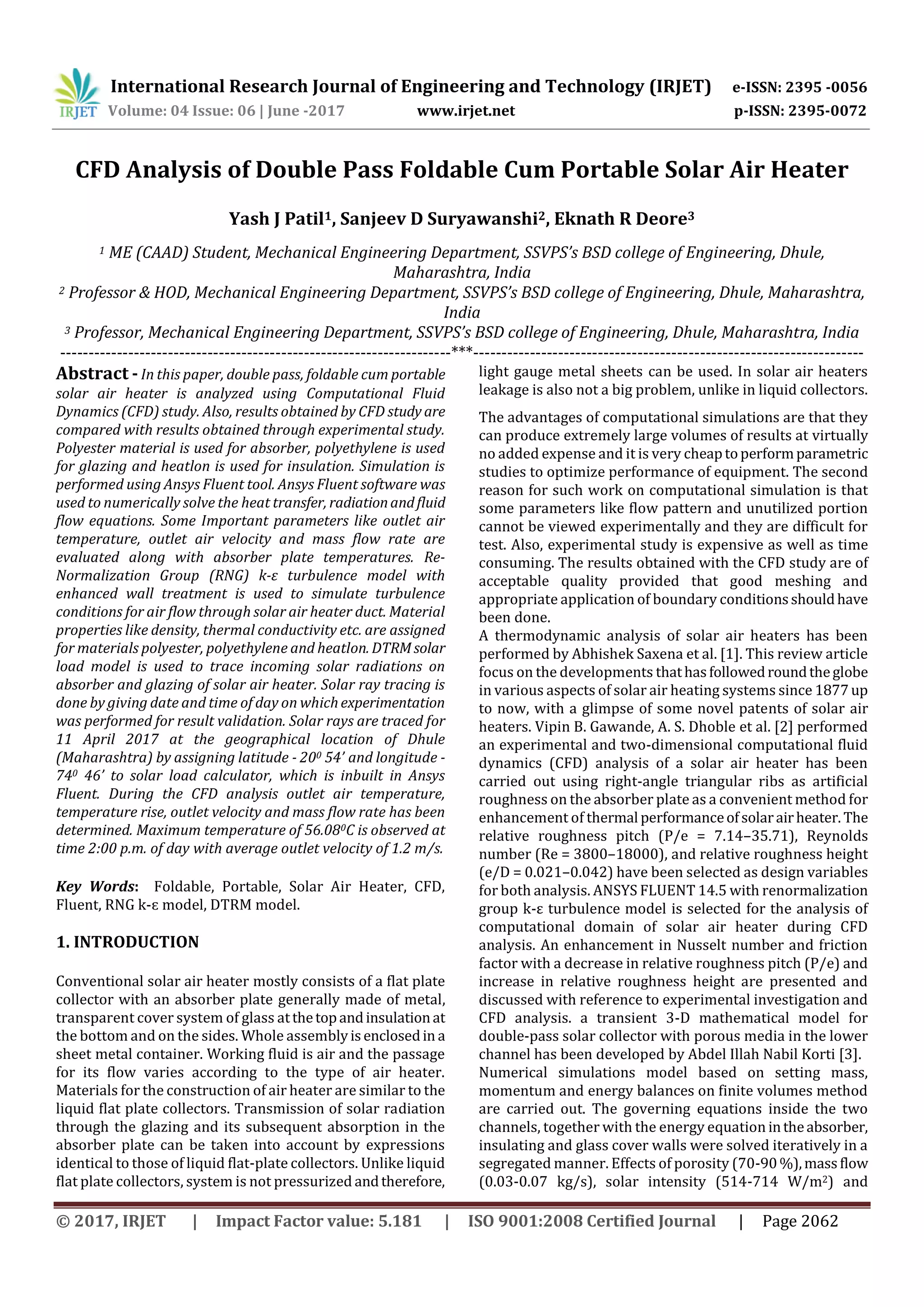 CFD Analysis of Double Pass Foldable Cum Portable Solar Air Heater | PDF