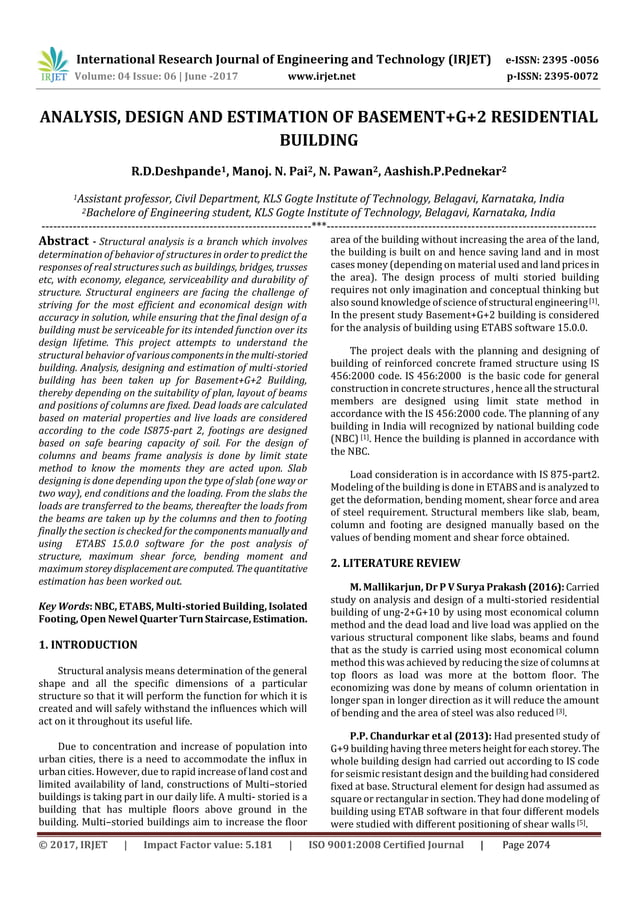 Analysis, Design and Estimation of Basement +G+2 Residential Building ...