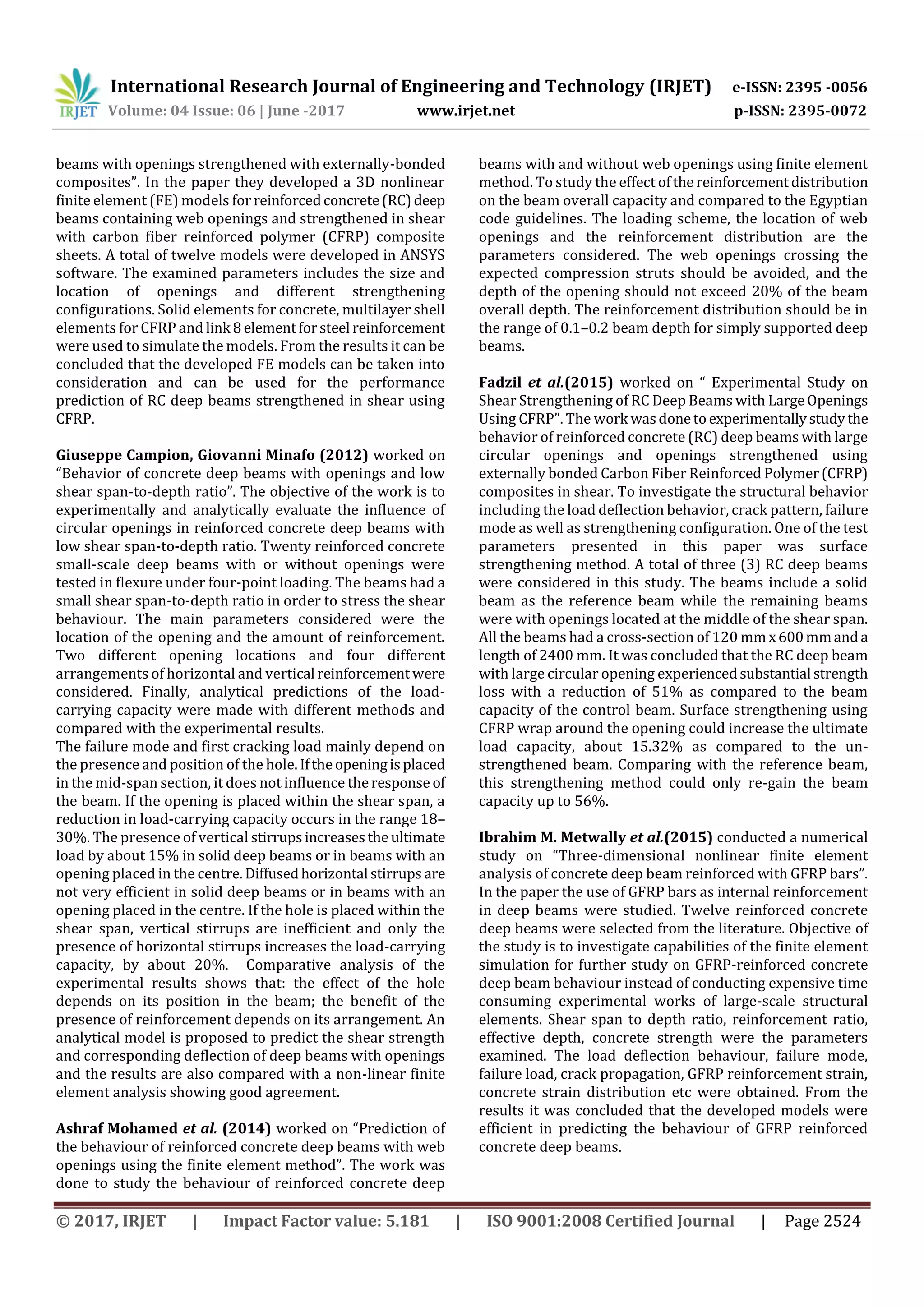 Review on Shear Strengthening of Rc Deep Beams with Openings | PDF