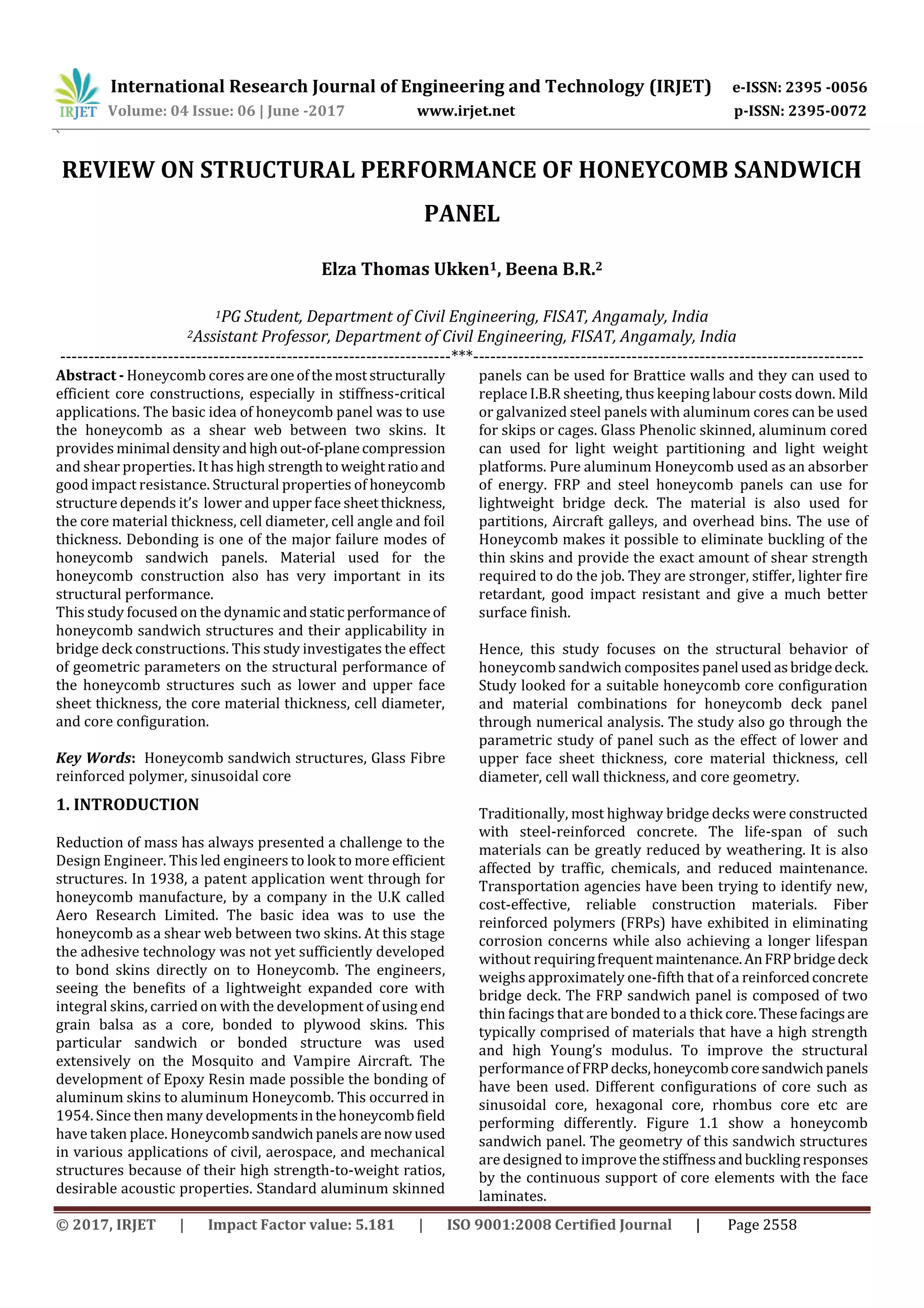 Review on Structural Performance of Honeycomb Sandwich Panel | PDF