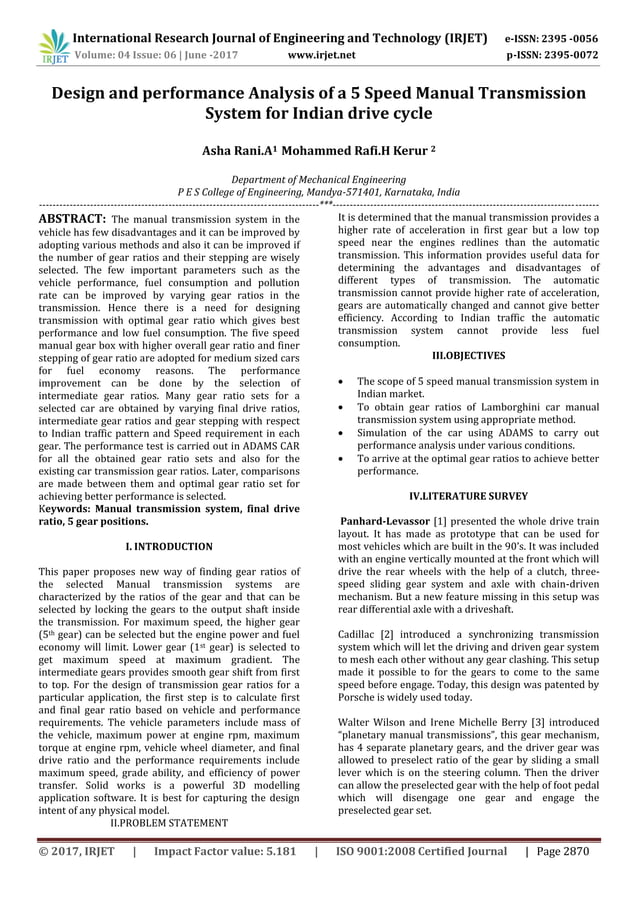 Design and performance Analysis of a 5 Speed Manual Transmission System ...