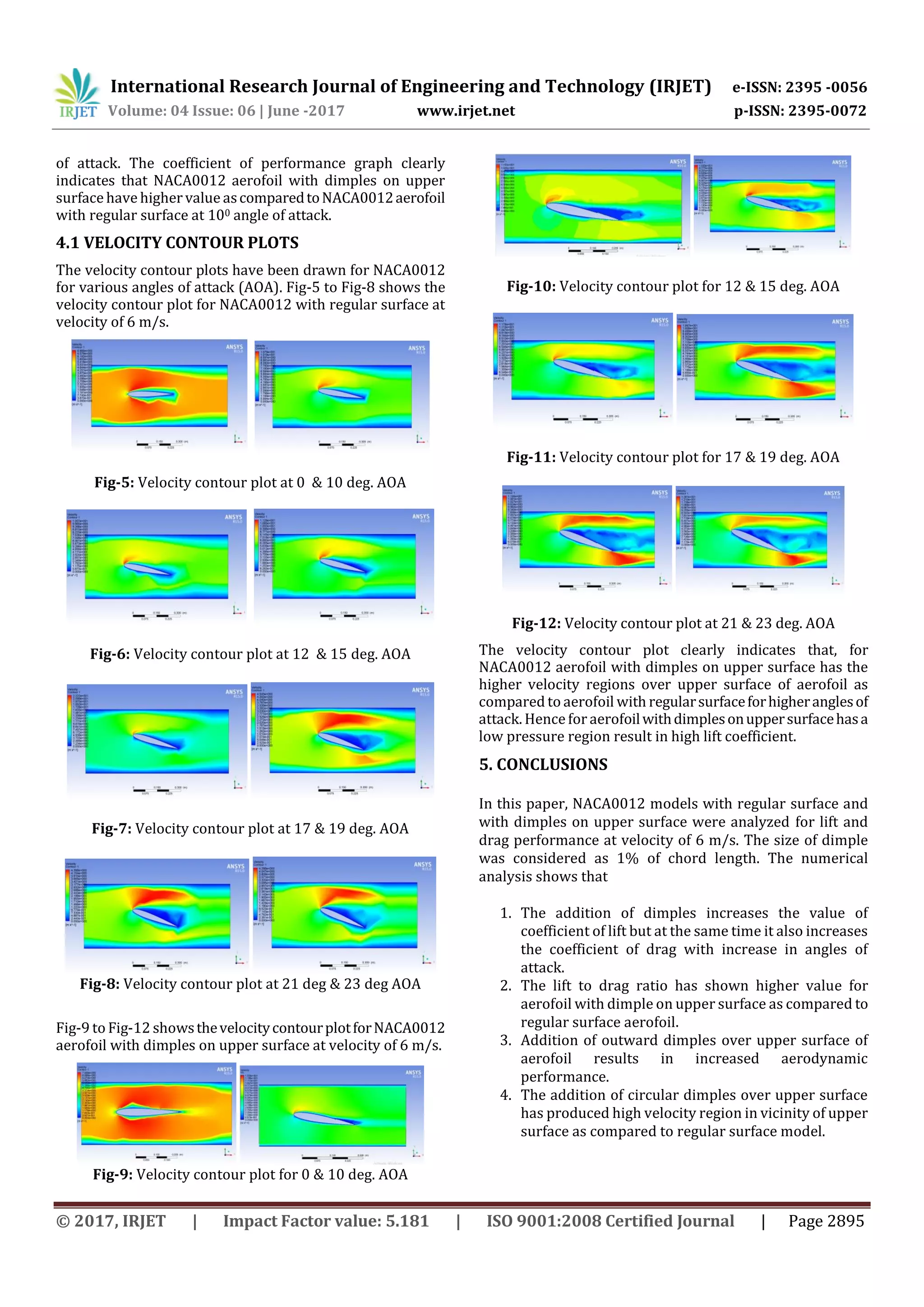 International Research Journal of Engineering and Technology (IRJET) e-ISSN: 2395 -0056
Volume: 04 Issue: 06 | June -2017 www.irjet.net p-ISSN: 2395-0072
© 2017, IRJET | Impact Factor value: 5.181 | ISO 9001:2008 Certified Journal | Page 2895
of attack. The coefficient of performance graph clearly
indicates that NACA0012 aerofoil with dimples on upper
surface have higher value ascomparedtoNACA0012aerofoil
with regular surface at 100 angle of attack.
4.1 VELOCITY CONTOUR PLOTS
The velocity contour plots have been drawn for NACA0012
for various angles of attack (AOA). Fig-5 to Fig-8 shows the
velocity contour plot for NACA0012 with regular surface at
velocity of 6 m/s.
Fig-5: Velocity contour plot at 0 & 10 deg. AOA
Fig-6: Velocity contour plot at 12 & 15 deg. AOA
Fig-7: Velocity contour plot at 17 & 19 deg. AOA
Fig-8: Velocity contour plot at 21 deg & 23 deg AOA
Fig-9 to Fig-12 showsthevelocitycontourplotforNACA0012
aerofoil with dimples on upper surface at velocity of 6 m/s.
Fig-9: Velocity contour plot for 0 & 10 deg. AOA
Fig-10: Velocity contour plot for 12 & 15 deg. AOA
Fig-11: Velocity contour plot for 17 & 19 deg. AOA
Fig-12: Velocity contour plot at 21 & 23 deg. AOA
The velocity contour plot clearly indicates that, for
NACA0012 aerofoil with dimples on upper surface has the
higher velocity regions over upper surface of aerofoil as
compared to aerofoil with regularsurfaceforhigheranglesof
attack. Hence foraerofoilwithdimplesonuppersurfacehasa
low pressure region result in high lift coefficient.
5. CONCLUSIONS
In this paper, NACA0012 models with regular surface and
with dimples on upper surface were analyzed for lift and
drag performance at velocity of 6 m/s. The size of dimple
was considered as 1% of chord length. The numerical
analysis shows that
1. The addition of dimples increases the value of
coefficient of lift but at the same time it also increases
the coefficient of drag with increase in angles of
attack.
2. The lift to drag ratio has shown higher value for
aerofoil with dimple on upper surface as compared to
regular surface aerofoil.
3. Addition of outward dimples over upper surface of
aerofoil results in increased aerodynamic
performance.
4. The addition of circular dimples over upper surface
has produced high velocity region in vicinity of upper
surface as compared to regular surface model.
 