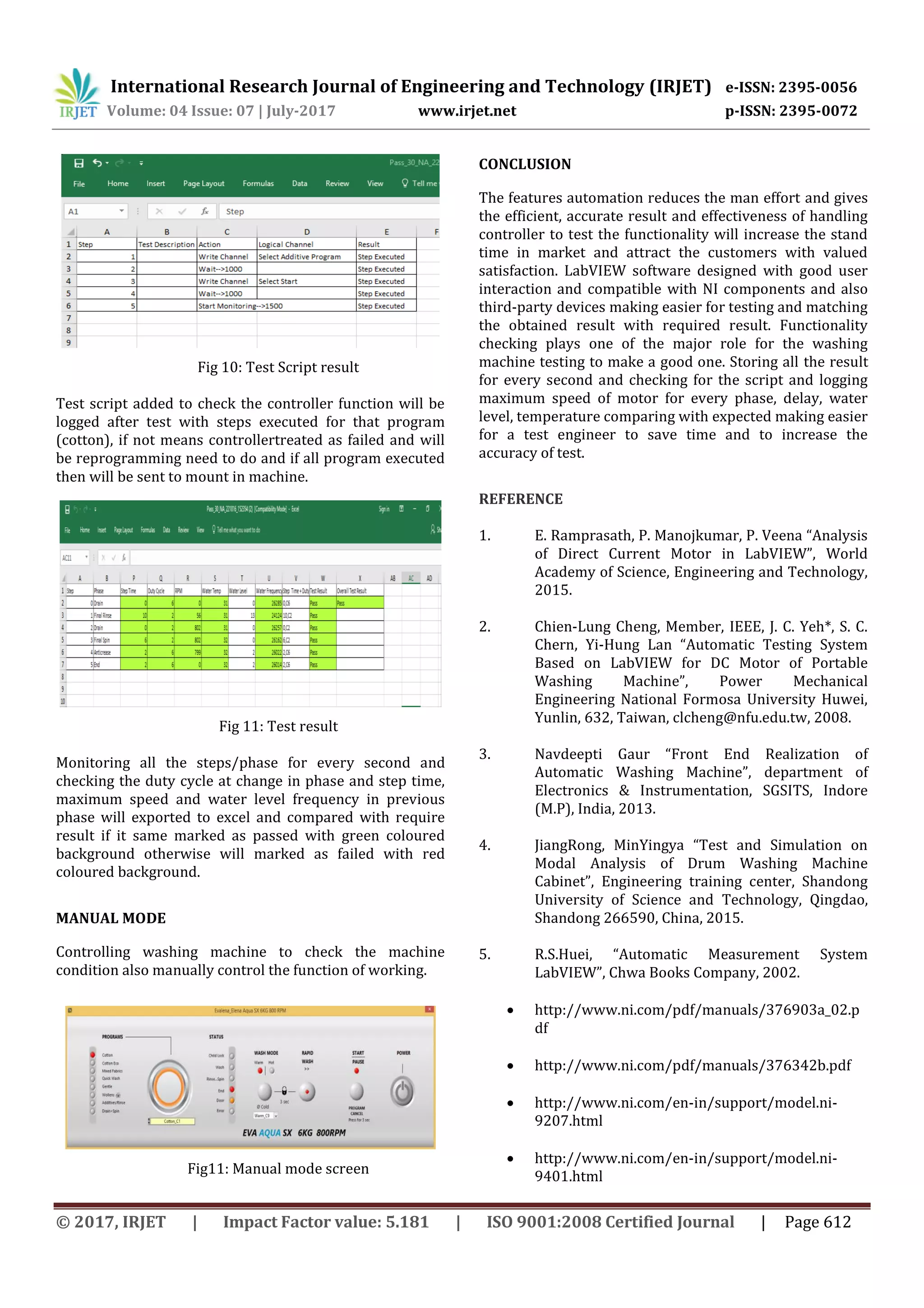 International Research Journal of Engineering and Technology (IRJET) e-ISSN: 2395-0056
Volume: 04 Issue: 07 | July-2017 www.irjet.net p-ISSN: 2395-0072
© 2017, IRJET | Impact Factor value: 5.181 | ISO 9001:2008 Certified Journal | Page 612
Fig 10: Test Script result
Test script added to check the controller function will be
logged after test with steps executed for that program
(cotton), if not means controllertreated as failed and will
be reprogramming need to do and if all program executed
then will be sent to mount in machine.
Fig 11: Test result
Monitoring all the steps/phase for every second and
checking the duty cycle at change in phase and step time,
maximum speed and water level frequency in previous
phase will exported to excel and compared with require
result if it same marked as passed with green coloured
background otherwise will marked as failed with red
coloured background.
MANUAL MODE
Controlling washing machine to check the machine
condition also manually control the function of working.
Fig11: Manual mode screen
CONCLUSION
The features automation reduces the man effort and gives
the efficient, accurate result and effectiveness of handling
controller to test the functionality will increase the stand
time in market and attract the customers with valued
satisfaction. LabVIEW software designed with good user
interaction and compatible with NI components and also
third-party devices making easier for testing and matching
the obtained result with required result. Functionality
checking plays one of the major role for the washing
machine testing to make a good one. Storing all the result
for every second and checking for the script and logging
maximum speed of motor for every phase, delay, water
level, temperature comparing with expected making easier
for a test engineer to save time and to increase the
accuracy of test.
REFERENCE
1. E. Ramprasath, P. Manojkumar, P. Veena “Analysis
of Direct Current Motor in LabVIEW”, World
Academy of Science, Engineering and Technology,
2015.
2. Chien-Lung Cheng, Member, IEEE, J. C. Yeh*, S. C.
Chern, Yi-Hung Lan “Automatic Testing System
Based on LabVIEW for DC Motor of Portable
Washing Machine”, Power Mechanical
Engineering National Formosa University Huwei,
Yunlin, 632, Taiwan, clcheng@nfu.edu.tw, 2008.
3. Navdeepti Gaur “Front End Realization of
Automatic Washing Machine”, department of
Electronics & Instrumentation, SGSITS, Indore
(M.P), India, 2013.
4. JiangRong, MinYingya “Test and Simulation on
Modal Analysis of Drum Washing Machine
Cabinet”, Engineering training center, Shandong
University of Science and Technology, Qingdao,
Shandong 266590, China, 2015.
5. R.S.Huei, “Automatic Measurement System
LabVIEW”, Chwa Books Company, 2002.
 http://www.ni.com/pdf/manuals/376903a_02.p
df
 http://www.ni.com/pdf/manuals/376342b.pdf
 http://www.ni.com/en-in/support/model.ni-
9207.html
 http://www.ni.com/en-in/support/model.ni-
9401.html
 