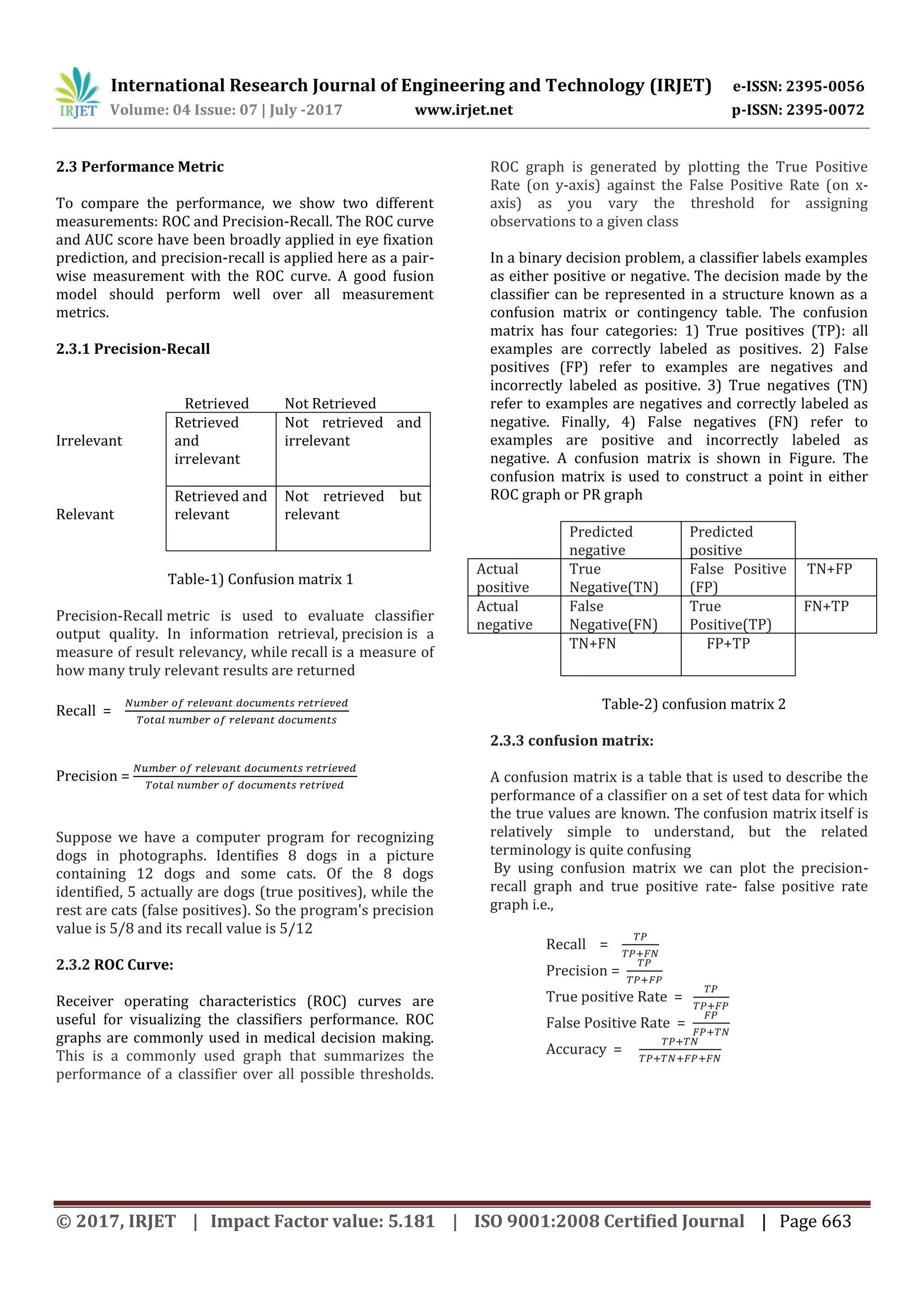 International Research Journal of Engineering and Technology (IRJET) e-ISSN: 2395-0056 Volume: 04 Issue: 07 | July -2017 www.irjet.net p-ISSN: 2395-0072 © 2017, IRJET | Impact Factor value: 5.181 | ISO 9001:2008 Certified Journal | Page 663 2.3 Performance Metric To compare the performance, we show two different measurements: ROC and Precision-Recall. The ROC curve and AUC score have been broadly applied in eye fixation prediction, and precision-recall is applied here as a pair- wise measurement with the ROC curve. A good fusion model should perform well over all measurement metrics. 2.3.1 Precision-Recall Retrieved Not Retrieved Irrelevant Retrieved and irrelevant Not retrieved and irrelevant Relevant Retrieved and relevant Not retrieved but relevant Table-1) Confusion matrix 1 Precision-Recall metric is used to evaluate classifier output quality. In information retrieval, precision is a measure of result relevancy, while recall is a measure of how many truly relevant results are returned Recall = Precision = Suppose we have a computer program for recognizing dogs in photographs. Identifies 8 dogs in a picture containing 12 dogs and some cats. Of the 8 dogs identified, 5 actually are dogs (true positives), while the rest are cats (false positives). So the program's precision value is 5/8 and its recall value is 5/12 2.3.2 ROC Curve: Receiver operating characteristics (ROC) curves are useful for visualizing the classifiers performance. ROC graphs are commonly used in medical decision making. This is a commonly used graph that summarizes the performance of a classifier over all possible thresholds. ROC graph is generated by plotting the True Positive Rate (on y-axis) against the False Positive Rate (on x- axis) as you vary the threshold for assigning observations to a given class In a binary decision problem, a classifier labels examples as either positive or negative. The decision made by the classifier can be represented in a structure known as a confusion matrix or contingency table. The confusion matrix has four categories: 1) True positives (TP): all examples are correctly labeled as positives. 2) False positives (FP) refer to examples are negatives and incorrectly labeled as positive. 3) True negatives (TN) refer to examples are negatives and correctly labeled as negative. Finally, 4) False negatives (FN) refer to examples are positive and incorrectly labeled as negative. A confusion matrix is shown in Figure. The confusion matrix is used to construct a point in either ROC graph or PR graph Predicted negative Predicted positive Actual positive True Negative(TN) False Positive (FP) TN+FP Actual negative False Negative(FN) True Positive(TP) FN+TP TN+FN FP+TP Table-2) confusion matrix 2 2.3.3 confusion matrix: A confusion matrix is a table that is used to describe the performance of a classifier on a set of test data for which the true values are known. The confusion matrix itself is relatively simple to understand, but the related terminology is quite confusing By using confusion matrix we can plot the precision- recall graph and true positive rate- false positive rate graph i.e., Recall = Precision = True positive Rate = False Positive Rate = Accuracy = 