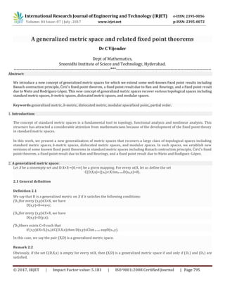A Generalized Metric Space and Related Fixed Point Theorems | PDF