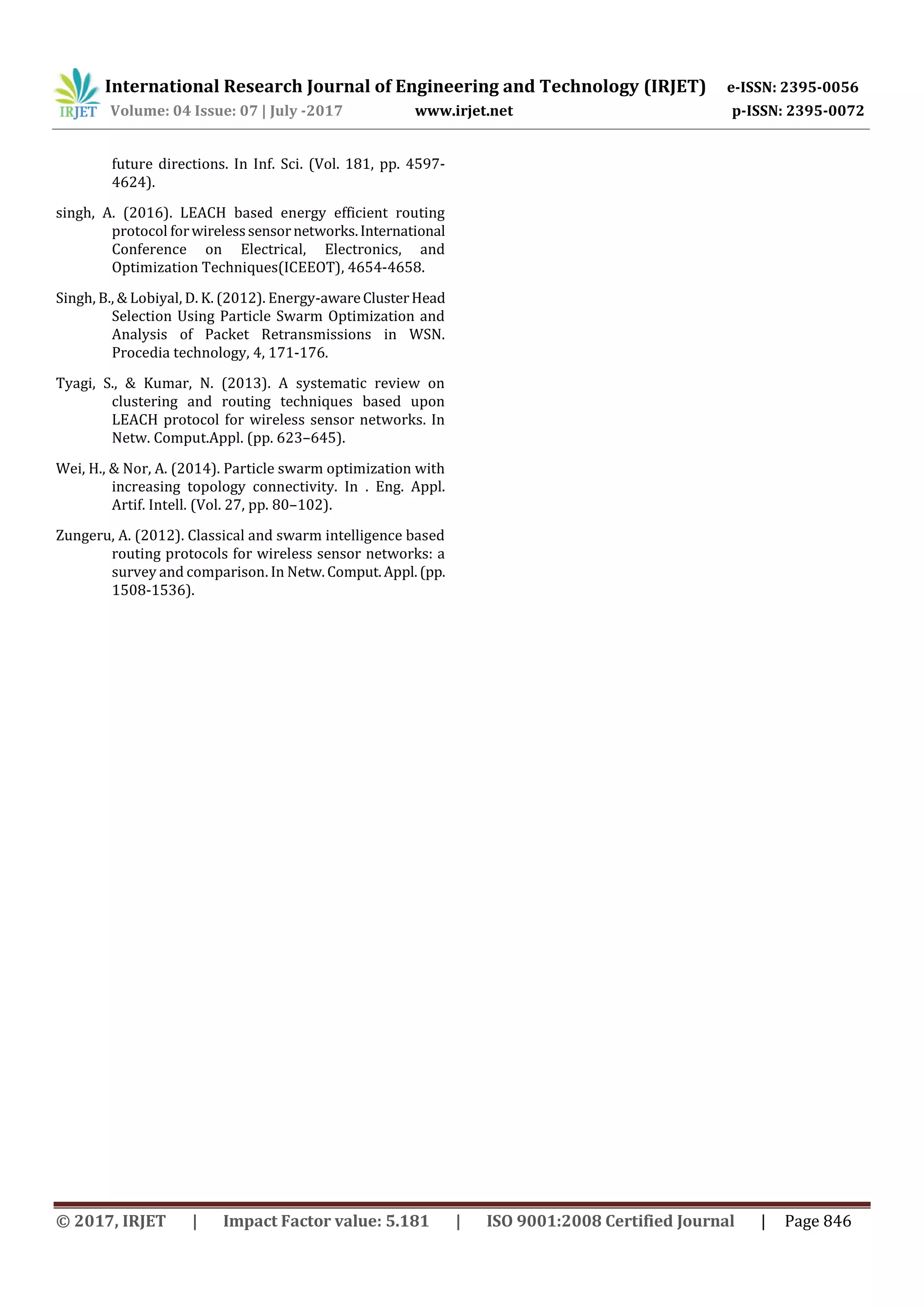 International Research Journal of Engineering and Technology (IRJET) e-ISSN: 2395-0056 Volume: 04 Issue: 07 | July -2017 www.irjet.net p-ISSN: 2395-0072 © 2017, IRJET | Impact Factor value: 5.181 | ISO 9001:2008 Certified Journal | Page 846 future directions. In Inf. Sci. (Vol. 181, pp. 4597- 4624). singh, A. (2016). LEACH based energy efficient routing protocol forwirelesssensornetworks.International Conference on Electrical, Electronics, and Optimization Techniques(ICEEOT), 4654-4658. Singh, B., & Lobiyal, D. K. (2012). Energy-awareClusterHead Selection Using Particle Swarm Optimization and Analysis of Packet Retransmissions in WSN. Procedia technology, 4, 171-176. Tyagi, S., & Kumar, N. (2013). A systematic review on clustering and routing techniques based upon LEACH protocol for wireless sensor networks. In Netw. Comput.Appl. (pp. 623–645). Wei, H., & Nor, A. (2014). Particle swarm optimization with increasing topology connectivity. In . Eng. Appl. Artif. Intell. (Vol. 27, pp. 80–102). Zungeru, A. (2012). Classical and swarm intelligence based routing protocols for wireless sensor networks: a survey and comparison. In Netw.Comput.Appl.(pp. 1508-1536). 