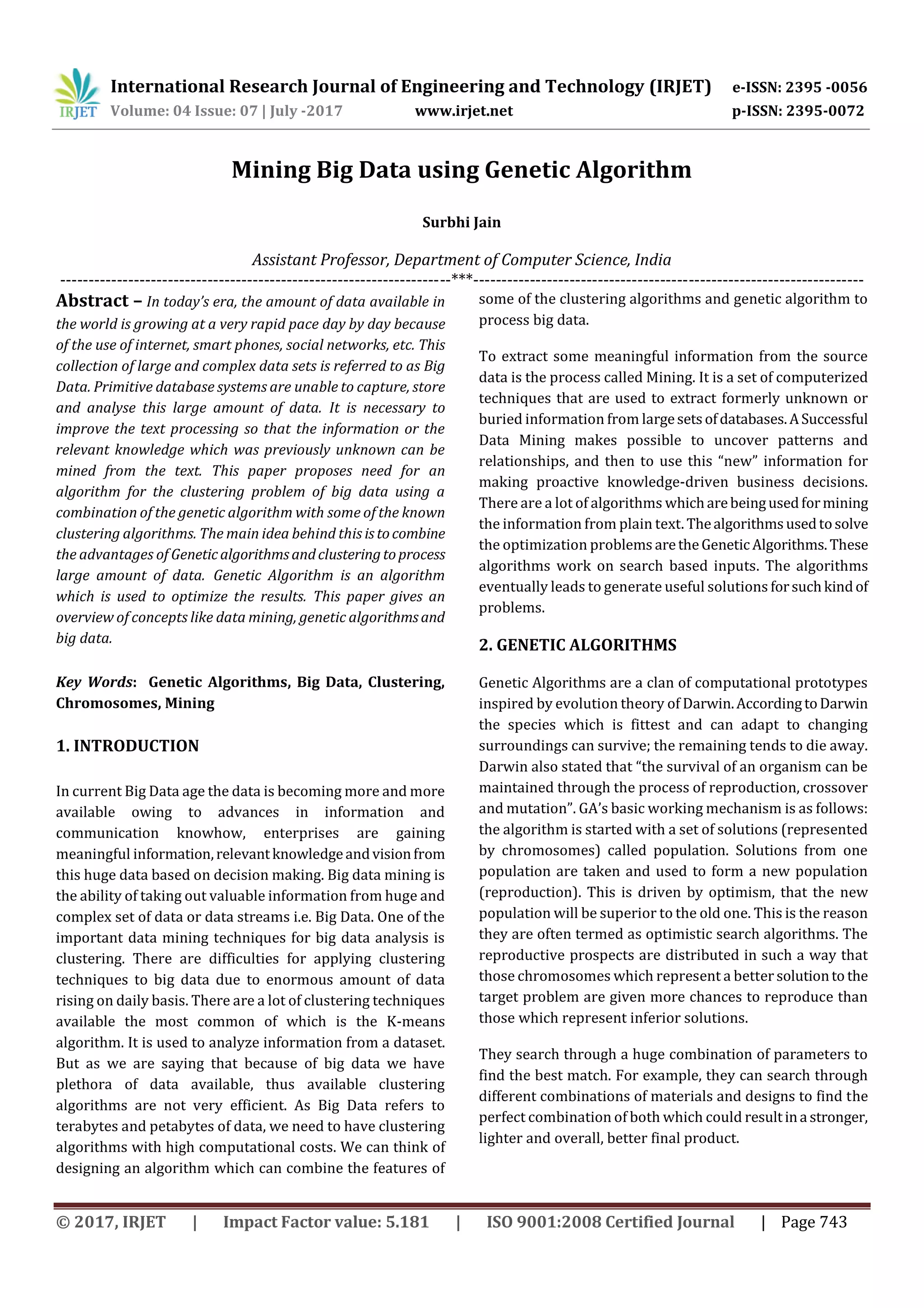 Mining Big Data using Genetic Algorithm | PDF