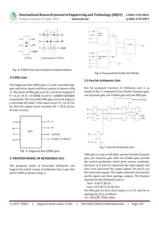 International Research Journal of Engineering and Technology (IRJET) e-ISSN: 2395-0056
Volume: 04 Issue: 07 | July -2017 www.irjet.net p-ISSN: 2395-0072
© 2017, IRJET | Impact Factor value: 5.181 | ISO 9001:2008 Certified Journal | Page 133
Fig -4: Toffoli Gate and its quantum implementation
2.5 HNG Gate
The Hagparast Navi (HNG) gate is a 4x4 reversible logic
gate with three inputs and three outputs as shown in Fig
-5. The inputs of HNG gate as A, B, C and D are mapped to
P = A, Q = B, R = (A ⊕B⊕ C) and S = (A⊕B) C⊕AB⊕D
respectively. The reversible HNG gate can work singly as
a reversible full adder. If the input vector IV = (A, B, Cin,
0), then the output vector becomes OV = (P=A, Q=Cin,
R=Sum, S=Cout).
Fig -5: Hagparast Navi (HNG) gate
3. PROPSED MODEL OF REVERSIBLE ALU
The proposed model of Reversible Arithmetic and
Logical Unit (ALU) consist of Arithmetic Unit, Logic Unit
and 2:1 MUX as shown in Fig -6.
Fig -6: Proposed Reversible ALU Model
3.1 One bit Arithmetic Unit
One bit purposed structure of Arithmetic unit is as
shown in Fig -7 composed of two Double Feynman gate,
one Feynman gate, one Fredkin gate and one HNG gate.
Fig -7: One bit Arithmetic Unit
HNG gate is used as full adder and two Double Feynman
gate, one Feynman gate with one Fredkin gate provide
the control mechanism which gives various arithmetic
functions. A, B and Cin represents the input signals and
Sum, Cout represents the output signals. S0 and S1 are
the select lines signals. The single arithmetic unit has five
ancilla inputs and three garbage outputs. The Boolean
equation for the Arithmetic unit is:-
Sum = A ⊕ Y1 ⊕ Cin
Cout = AY1 ⊕ Y1 Cin ⊕ ACin
For HNG gate we have three inputs i.e. A, Y1 and Cin so
equation for Y1 is as follows:
Y1 = S0 (S1B + S1B) +S0S1
 