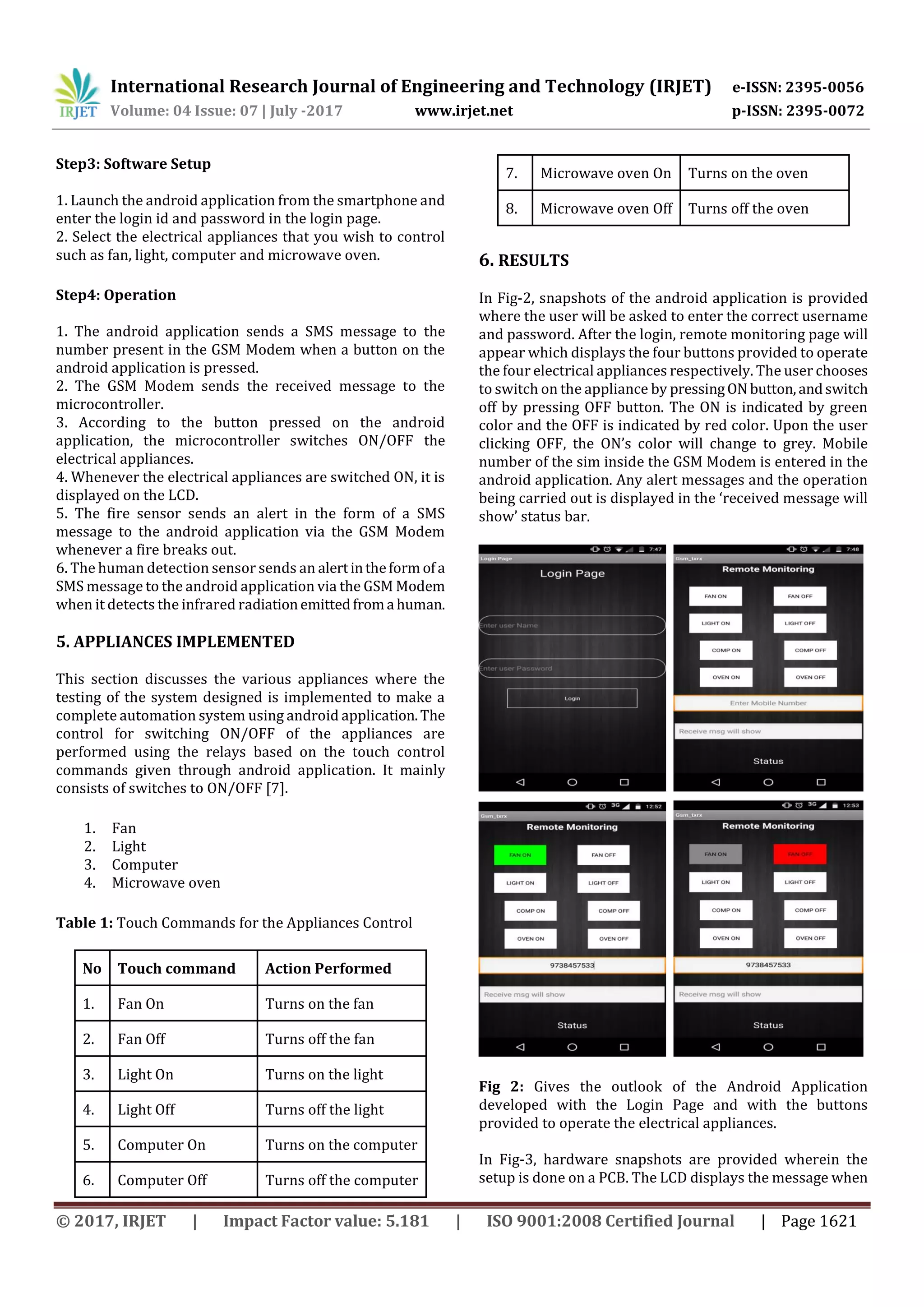 International Research Journal of Engineering and Technology (IRJET) e-ISSN: 2395-0056
Volume: 04 Issue: 07 | July -2017 www.irjet.net p-ISSN: 2395-0072
© 2017, IRJET | Impact Factor value: 5.181 | ISO 9001:2008 Certified Journal | Page 1621
Step3: Software Setup
1. Launch the android application from the smartphone and
enter the login id and password in the login page.
2. Select the electrical appliances that you wish to control
such as fan, light, computer and microwave oven.
Step4: Operation
1. The android application sends a SMS message to the
number present in the GSM Modem when a button on the
android application is pressed.
2. The GSM Modem sends the received message to the
microcontroller.
3. According to the button pressed on the android
application, the microcontroller switches ON/OFF the
electrical appliances.
4. Whenever the electrical appliances are switched ON, it is
displayed on the LCD.
5. The fire sensor sends an alert in the form of a SMS
message to the android application via the GSM Modem
whenever a fire breaks out.
6. The human detection sensor sends an alertintheform ofa
SMS message to the android application via the GSM Modem
when it detects the infrared radiationemittedfroma human.
5. APPLIANCES IMPLEMENTED
This section discusses the various appliances where the
testing of the system designed is implemented to make a
complete automation system using android application.The
control for switching ON/OFF of the appliances are
performed using the relays based on the touch control
commands given through android application. It mainly
consists of switches to ON/OFF [7].
1. Fan
2. Light
3. Computer
4. Microwave oven
Table 1: Touch Commands for the Appliances Control
No Touch command Action Performed
1. Fan On Turns on the fan
2. Fan Off Turns off the fan
3. Light On Turns on the light
4. Light Off Turns off the light
5. Computer On Turns on the computer
6. Computer Off Turns off the computer
7. Microwave oven On Turns on the oven
8. Microwave oven Off Turns off the oven
6. RESULTS
In Fig-2, snapshots of the android application is provided
where the user will be asked to enter the correct username
and password. After the login, remote monitoring page will
appear which displays the four buttons provided to operate
the four electrical appliances respectively. The user chooses
to switch on the appliance by pressingON button,andswitch
off by pressing OFF button. The ON is indicated by green
color and the OFF is indicated by red color. Upon the user
clicking OFF, the ON’s color will change to grey. Mobile
number of the sim inside the GSM Modem is entered in the
android application. Any alert messages and the operation
being carried out is displayed in the ‘received message will
show’ status bar.
Fig 2: Gives the outlook of the Android Application
developed with the Login Page and with the buttons
provided to operate the electrical appliances.
In Fig-3, hardware snapshots are provided wherein the
setup is done on a PCB. The LCD displays the message when
 