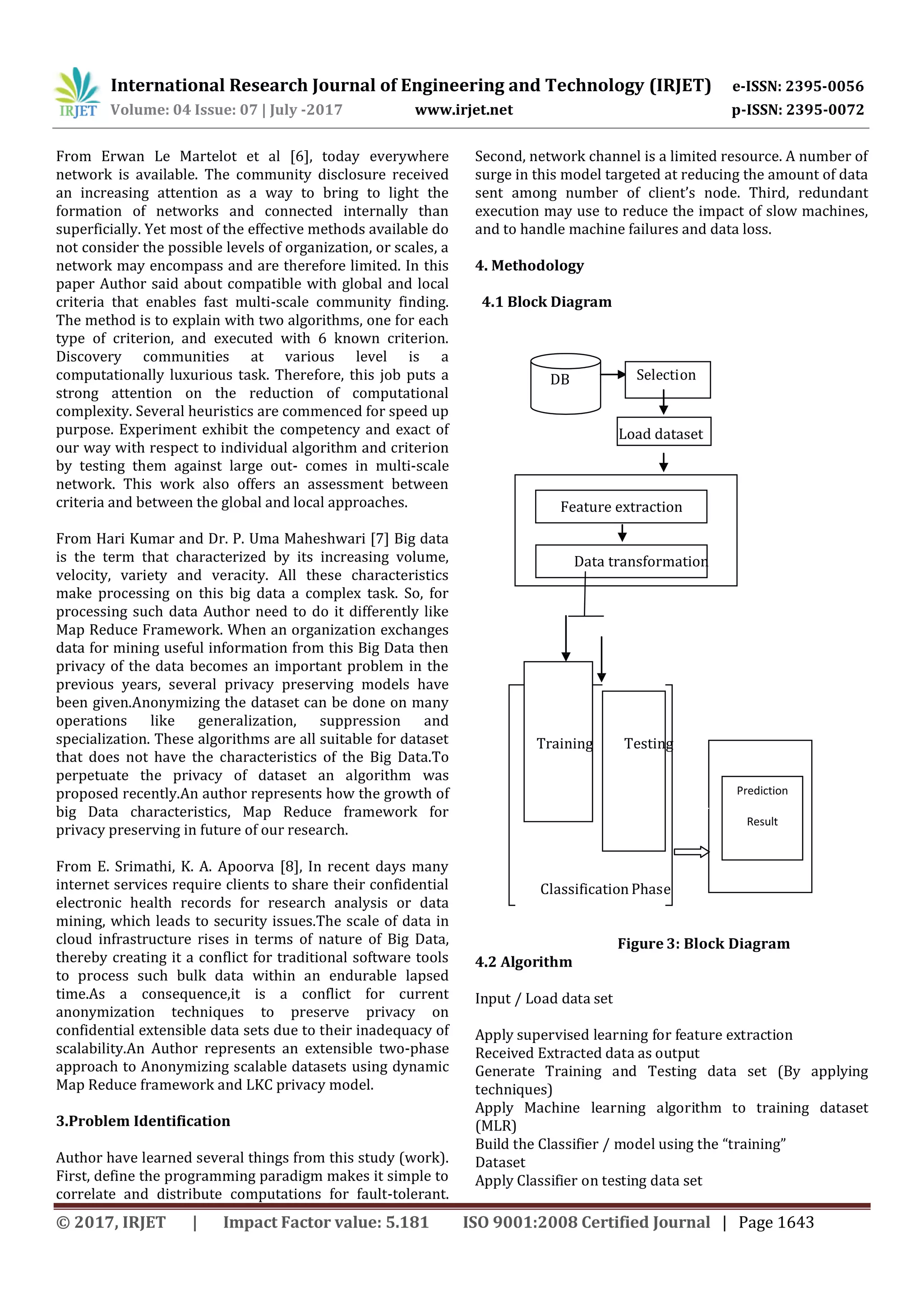 International Research Journal of Engineering and Technology (IRJET) e-ISSN: 2395-0056
Volume: 04 Issue: 07 | July -2017 www.irjet.net p-ISSN: 2395-0072
© 2017, IRJET | Impact Factor value: 5.181 ISO 9001:2008 Certified Journal | Page 1643
ML
Model Model
From Erwan Le Martelot et al [6], today everywhere
network is available. The community disclosure received
an increasing attention as a way to bring to light the
formation of networks and connected internally than
superficially. Yet most of the effective methods available do
not consider the possible levels of organization, or scales, a
network may encompass and are therefore limited. In this
paper Author said about compatible with global and local
criteria that enables fast multi-scale community finding.
The method is to explain with two algorithms, one for each
type of criterion, and executed with 6 known criterion.
Discovery communities at various level is a
computationally luxurious task. Therefore, this job puts a
strong attention on the reduction of computational
complexity. Several heuristics are commenced for speed up
purpose. Experiment exhibit the competency and exact of
our way with respect to individual algorithm and criterion
by testing them against large out- comes in multi-scale
network. This work also offers an assessment between
criteria and between the global and local approaches.
From Hari Kumar and Dr. P. Uma Maheshwari [7] Big data
is the term that characterized by its increasing volume,
velocity, variety and veracity. All these characteristics
make processing on this big data a complex task. So, for
processing such data Author need to do it differently like
Map Reduce Framework. When an organization exchanges
data for mining useful information from this Big Data then
privacy of the data becomes an important problem in the
previous years, several privacy preserving models have
been given.Anonymizing the dataset can be done on many
operations like generalization, suppression and
specialization. These algorithms are all suitable for dataset
that does not have the characteristics of the Big Data.To
perpetuate the privacy of dataset an algorithm was
proposed recently.An author represents how the growth of
big Data characteristics, Map Reduce framework for
privacy preserving in future of our research.
From E. Srimathi, K. A. Apoorva [8], In recent days many
internet services require clients to share their confidential
electronic health records for research analysis or data
mining, which leads to security issues.The scale of data in
cloud infrastructure rises in terms of nature of Big Data,
thereby creating it a conflict for traditional software tools
to process such bulk data within an endurable lapsed
time.As a consequence,it is a conflict for current
anonymization techniques to preserve privacy on
confidential extensible data sets due to their inadequacy of
scalability.An Author represents an extensible two-phase
approach to Anonymizing scalable datasets using dynamic
Map Reduce framework and LKC privacy model.
3.Problem Identification
Author have learned several things from this study (work).
First, define the programming paradigm makes it simple to
correlate and distribute computations for fault-tolerant.
Second, network channel is a limited resource. A number of
surge in this model targeted at reducing the amount of data
sent among number of client’s node. Third, redundant
execution may use to reduce the impact of slow machines,
and to handle machine failures and data loss.
4. Methodology
4.1 Block Diagram
DB Selection
Load dataset
Feature extraction
Data transformation
Training Testing
Classification Phase
Figure 3: Block Diagram
4.2 Algorithm
Input / Load data set
Apply supervised learning for feature extraction
Received Extracted data as output
Generate Training and Testing data set (By applying
techniques)
Apply Machine learning algorithm to training dataset
(MLR)
Build the Classifier / model using the “training”
Dataset
Apply Classifier on testing data set
Prediction
Result
 