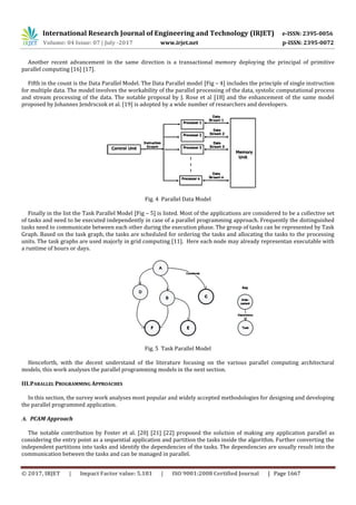 International Research Journal of Engineering and Technology (IRJET) e-ISSN: 2395-0056
Volume: 04 Issue: 07 | July -2017 www.irjet.net p-ISSN: 2395-0072
© 2017, IRJET | Impact Factor value: 5.181 | ISO 9001:2008 Certified Journal | Page 1667
Another recent advancement in the same direction is a transactional memory deploying the principal of primitive
parallel computing [16] [17].
Fifth in the count is the Data Parallel Model. The Data Parallel model [Fig – 4] includes the principle of single instruction
for multiple data. The model involves the workability of the parallel processing of the data, systolic computational process
and stream processing of the data. The notable proposal by J. Rose et al [18] and the enhancement of the same model
proposed by Johannes Jendrsczok et al. [19] is adopted by a wide number of researchers and developers.
Fig. 4 Parallel Data Model
Finally in the list the Task Parallel Model [Fig – 5] is listed. Most of the applications are considered to be a collective set
of tasks and need to be executed independently in case of a parallel programming approach. Frequently the distinguished
tasks need to communicate between each other during the execution phase. The group of tasks can be represented by Task
Graph. Based on the task graph, the tasks are scheduled for ordering the tasks and allocating the tasks to the processing
units. The task graphs are used majorly in grid computing [11]. Here each node may already representan executable with
a runtime of hours or days.
Fig. 5 Task Parallel Model
Henceforth, with the decent understand of the literature focusing on the various parallel computing architectural
models, this work analyses the parallel programming models in the next section.
III.PARALLEL PROGRAMMING APPROACHES
In this section, the survey work analyses most popular and widely accepted methodologies for designing and developing
the parallel programmed application.
A. PCAM Approach
The notable contribution by Foster et al. [20] [21] [22] proposed the solution of making any application parallel as
considering the entry point as a sequential application and partition the tasks inside the algorithm. Further converting the
independent partitions into tasks and identify the dependencies of the tasks. The dependencies are usually result into the
communication between the tasks and can be managed in parallel.
 