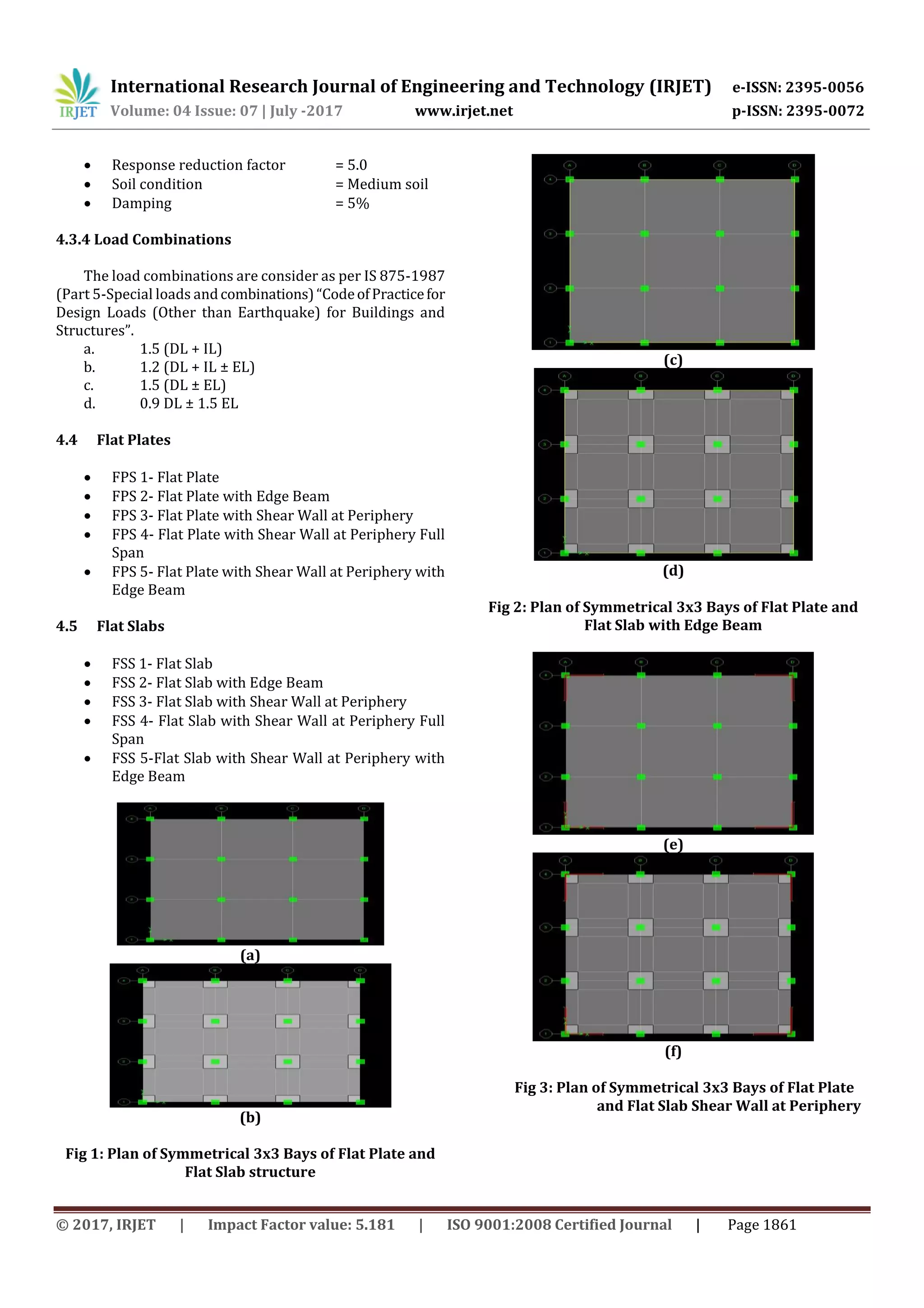 International Research Journal of Engineering and Technology (IRJET) e-ISSN: 2395-0056
Volume: 04 Issue: 07 | July -2017 www.irjet.net p-ISSN: 2395-0072
© 2017, IRJET | Impact Factor value: 5.181 | ISO 9001:2008 Certified Journal | Page 1861
 Response reduction factor = 5.0
 Soil condition = Medium soil
 Damping = 5%
4.3.4 Load Combinations
The load combinations are consider as per IS 875-1987
(Part 5-Special loads andcombinations)“CodeofPracticefor
Design Loads (Other than Earthquake) for Buildings and
Structures”.
a. 1.5 (DL + IL)
b. 1.2 (DL + IL ± EL)
c. 1.5 (DL ± EL)
d. 0.9 DL ± 1.5 EL
4.4 Flat Plates
 FPS 1- Flat Plate
 FPS 2- Flat Plate with Edge Beam
 FPS 3- Flat Plate with Shear Wall at Periphery
 FPS 4- Flat Plate with Shear Wall at Periphery Full
Span
 FPS 5- Flat Plate with Shear Wall at Periphery with
Edge Beam
4.5 Flat Slabs
 FSS 1- Flat Slab
 FSS 2- Flat Slab with Edge Beam
 FSS 3- Flat Slab with Shear Wall at Periphery
 FSS 4- Flat Slab with Shear Wall at Periphery Full
Span
 FSS 5-Flat Slab with Shear Wall at Periphery with
Edge Beam
(a)
(b)
Fig 1: Plan of Symmetrical 3x3 Bays of Flat Plate and
Flat Slab structure
(c)
(d)
Fig 2: Plan of Symmetrical 3x3 Bays of Flat Plate and
Flat Slab with Edge Beam
(e)
(f)
Fig 3: Plan of Symmetrical 3x3 Bays of Flat Plate
and Flat Slab Shear Wall at Periphery
 