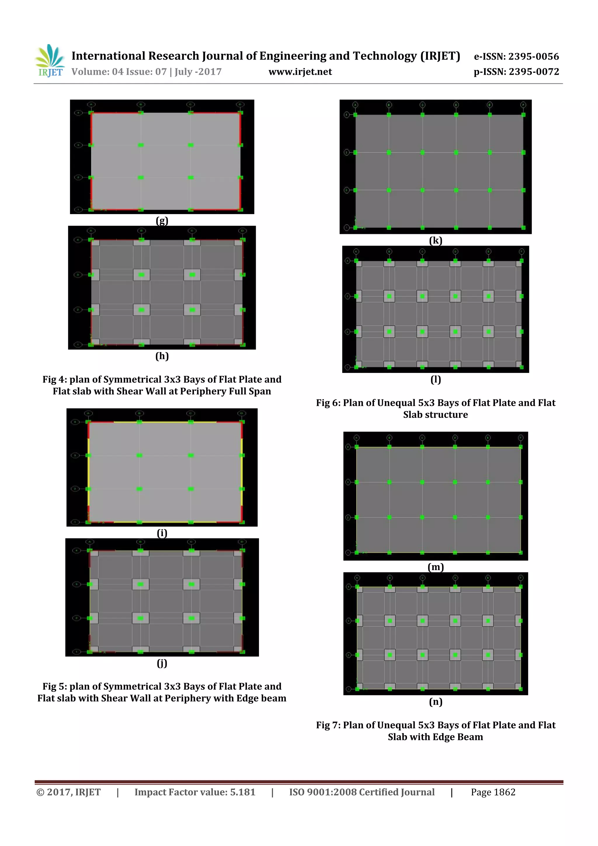 International Research Journal of Engineering and Technology (IRJET) e-ISSN: 2395-0056
Volume: 04 Issue: 07 | July -2017 www.irjet.net p-ISSN: 2395-0072
© 2017, IRJET | Impact Factor value: 5.181 | ISO 9001:2008 Certified Journal | Page 1862
(g)
(h)
Fig 4: plan of Symmetrical 3x3 Bays of Flat Plate and
Flat slab with Shear Wall at Periphery Full Span
(i)
(j)
Fig 5: plan of Symmetrical 3x3 Bays of Flat Plate and
Flat slab with Shear Wall at Periphery with Edge beam
(k)
(l)
Fig 6: Plan of Unequal 5x3 Bays of Flat Plate and Flat
Slab structure
(m)
(n)
Fig 7: Plan of Unequal 5x3 Bays of Flat Plate and Flat
Slab with Edge Beam
 