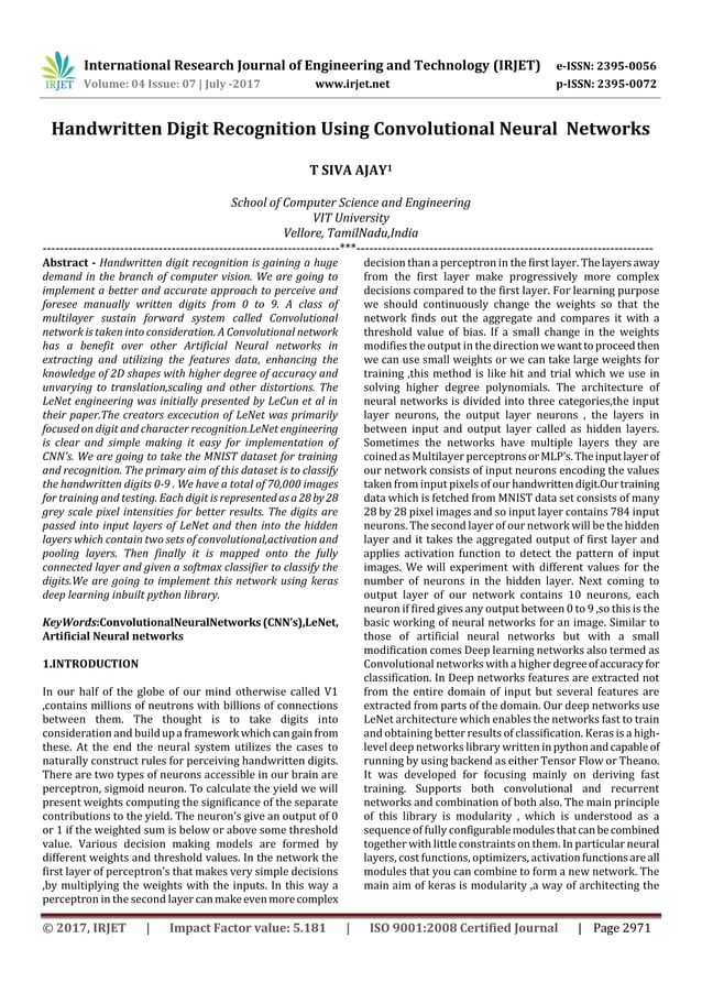 Handwritten Digit Recognition using Convolutional Neural Networks | PDF