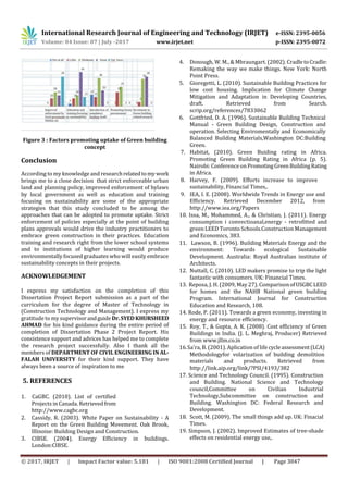 International Research Journal of Engineering and Technology (IRJET) e-ISSN: 2395-0056
Volume: 04 Issue: 07 | July -2017 www.irjet.net p-ISSN: 2395-0072
© 2017, IRJET | Impact Factor value: 5.181 | ISO 9001:2008 Certified Journal | Page 3047
Figure 3 : Factors promoting uptake of Green building
concept
Conclusion
According to my knowledge and researchrelatedtomy work
brings me to a close decision that strict enforceable urban
land and planning policy, improved enforcement of bylaws
by local government as well as education and training
focusing on sustainability are some of the appropriate
strategies that this study concluded to be among the
approaches that can be adopted to promote uptake. Strict
enforcement of policies especially at the point of building
plans approvals would drive the industry practitioners to
embrace green construction in their practices. Education
training and research right from the lower school systems
and to institutions of higher learning would produce
environmentally focused graduates who will easily embrace
sustainability concepts in their projects.
ACKNOWLEDGEMENT
I express my satisfaction on the completion of this
Dissertation Project Report submission as a part of the
curriculum for the degree of Master of Technology in
(Construction Technology and Management). I express my
gratitude to my supervisorandguideDr.SYEDKHURSHEED
AHMAD for his kind guidance during the entire period of
completion of Dissertation Phase 2 Project Report. His
consistence support and advices has helped me to complete
the research project successfully. Also I thank all the
members of DEPARTMENT OF CIVIL ENGINEERING IN AL-
FALAH UNIVERSITY for their kind support. They have
always been a source of inspiration to me
5. REFERENCES
1. CaGBC. (2010). List of certified
Projects in Canada. Retrievedfrom
http://www.cagbc.org
2. Cassidy, R. (2003). White Paper on Sustainability - A
Report on the Green Building Movement. Oak Brook,
Illinoise: Building Design and Construction.
3. CIBSE. (2004). Energy Efficiency in buildings.
London:CIBSE.
4. Donough, W. M., & Mbraungart. (2002). CradletoCradle:
Remaking the way we make things. New York: North
Point Press.
5. Gioregetti, L. (2010). Sustainable Building Practices for
low cost housing. Implication for Climate Change
Mitigation and Adaptation in Developing Countries,
draft. Retrieved from Search.
scrip.org/references/7833062
6. Gottfried, D. A. (1996). Sustainable Building Technical
Manual - Green Building Design, Construction and
operation. Selecting Enviromentally and Economically
Balanced Building Materials,Washington DC:Building
Green.
7. Habitat, (2010). Green Buiding rating in Africa.
Promoting Green Building Rating in Africa (p. 5).
Nairobi: Conference onPromotingGreenBuildingRating
in Africa.
8. Harvey, F. (2009). Efforts increase to improve
sustainability, Financial Times,.
9. IEA, I. E. (2008). Worldwide Trends in Energy use and
Efficiency. Retrieved December 2012, from
http://www.iea.org/Papers
10. Issa, M., Mohammed, A., & Christian, J. (2011). Energy
consumption i convectioanal,energy - retrofitted and
green LEED Toronto Schools.Construction Management
and Economics, 383.
11. Lawson, B. (1996). Building Materials Energy and the
environment: Towards ecological Sustainable
Development. Australia: Royal Australian institute of
Architects.
12. Nuttall, C. (2010). LED makers promise to trip the light
fantastic with consumers. UK: Financial Times.
13. Reposa, J. H. (2009, May 27). ComparisonofUSGBCLEED
for homes and the NAHB National green building
Program. International Journal for Construction
Education and Research, 108.
14. Rode, P. (2011). Towards a green economy, investing in
energy and resource efficiency.
15. Roy, T., & Gupta, A. K. (2008). Cost efficiency of Green
Buildings in India. (J. L. Meghraj, Producer) Retrieved
from www.jllm.co.in
16.Sa'ra, B. (2001). Aplication of life cycleassessment(LCA)
Methodologyfor volarization of building demolition
materials and products. Retrieved from
http://link.aip.org/link/?PSI/4193/382
17. Science and Technology Council. (1995). Construction
and Building. National Science and Technology
council,Committee on Civilian Industrial
Technology,Subcommittee on construction and
Building. Washington DC: Federal Research and
Development.
18. Scott, M. (2009). The small things add up. UK: Finacial
Times.
19. Simpson, J. (2002). Improved Estimates of tree-shade
effects on residential energy use,.
 